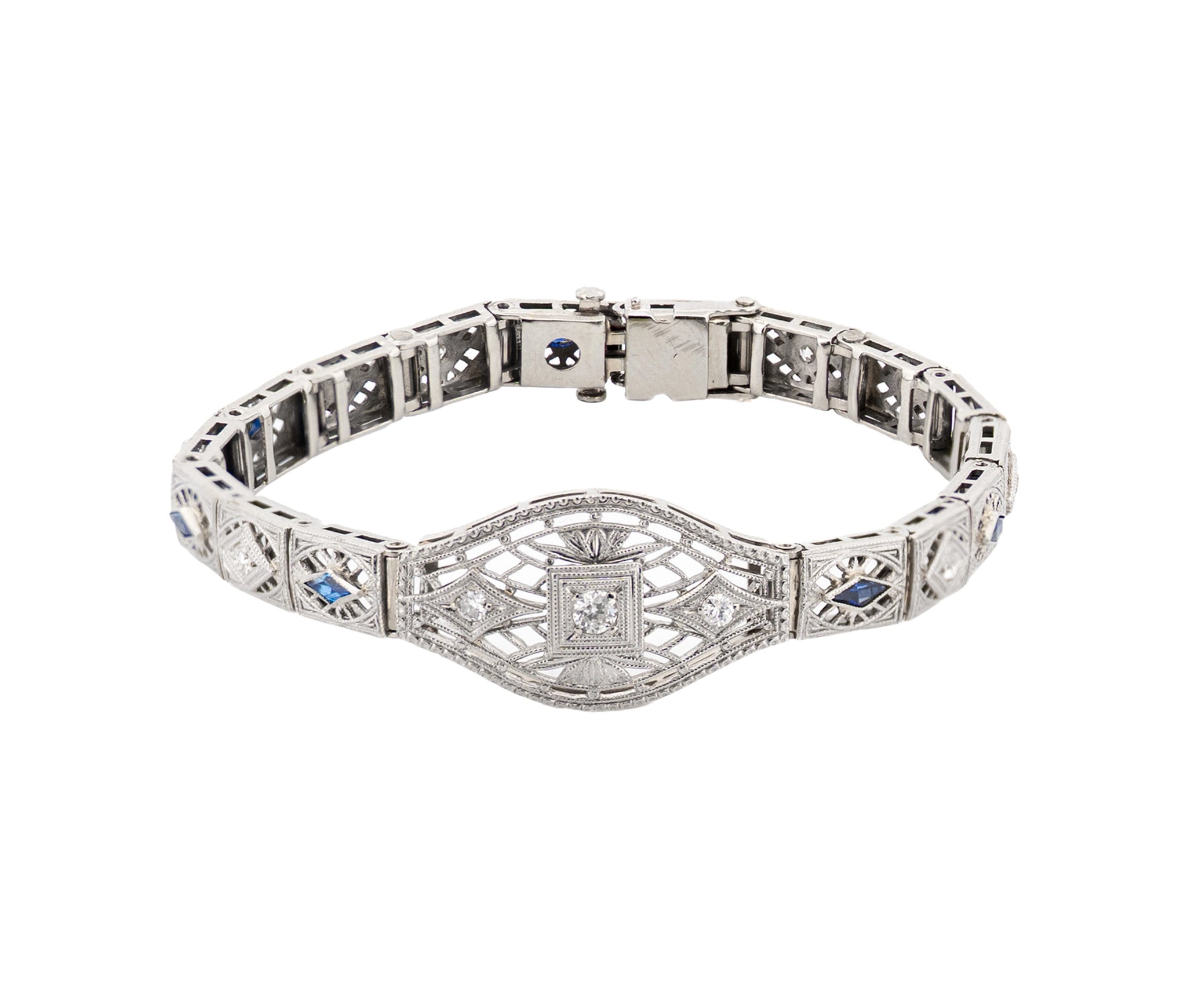 Antique 14K White Gold Diamond and Synthetic Sapphire Bracelet