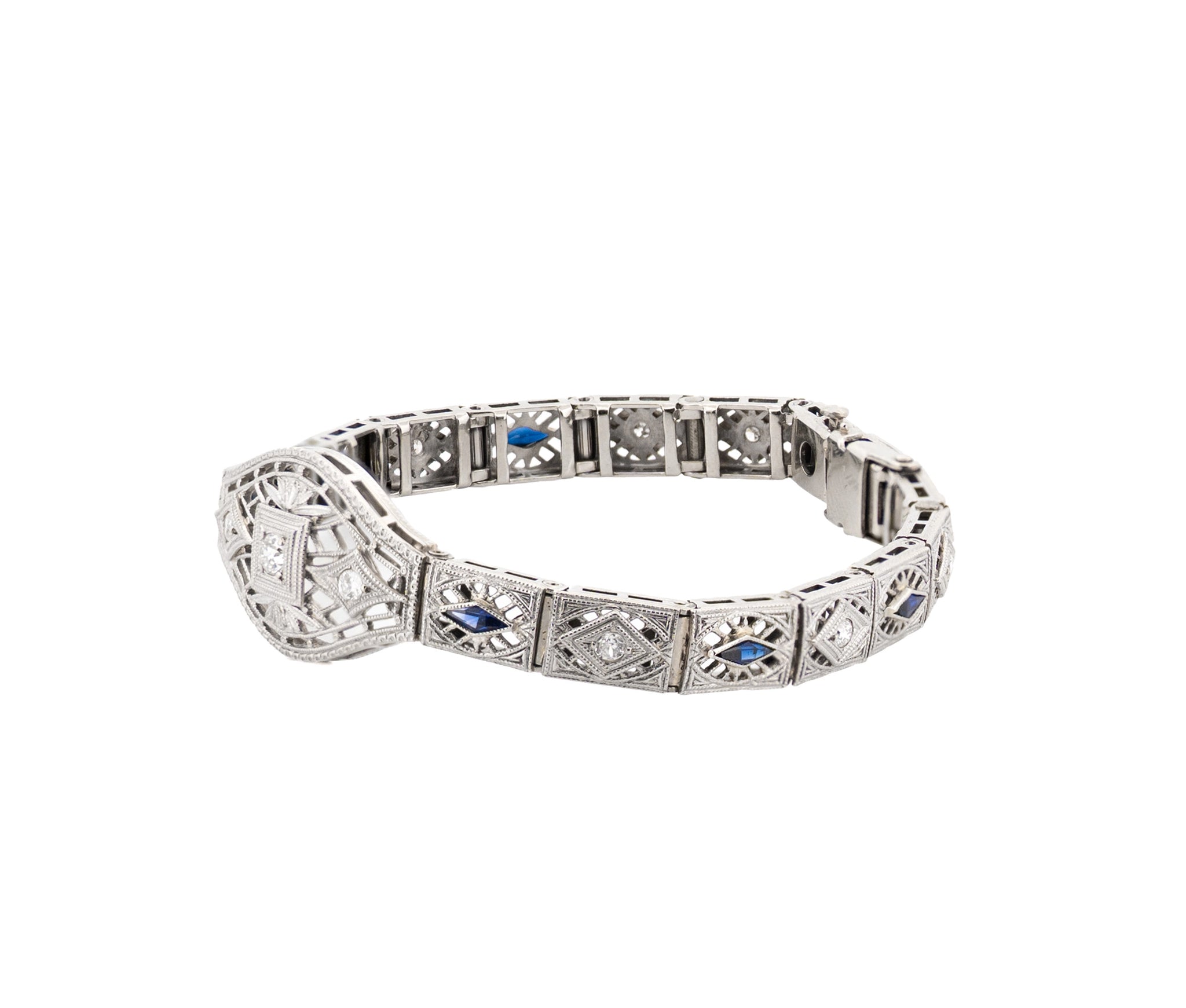 Antique 14K White Gold Diamond and Synthetic Sapphire Bracelet