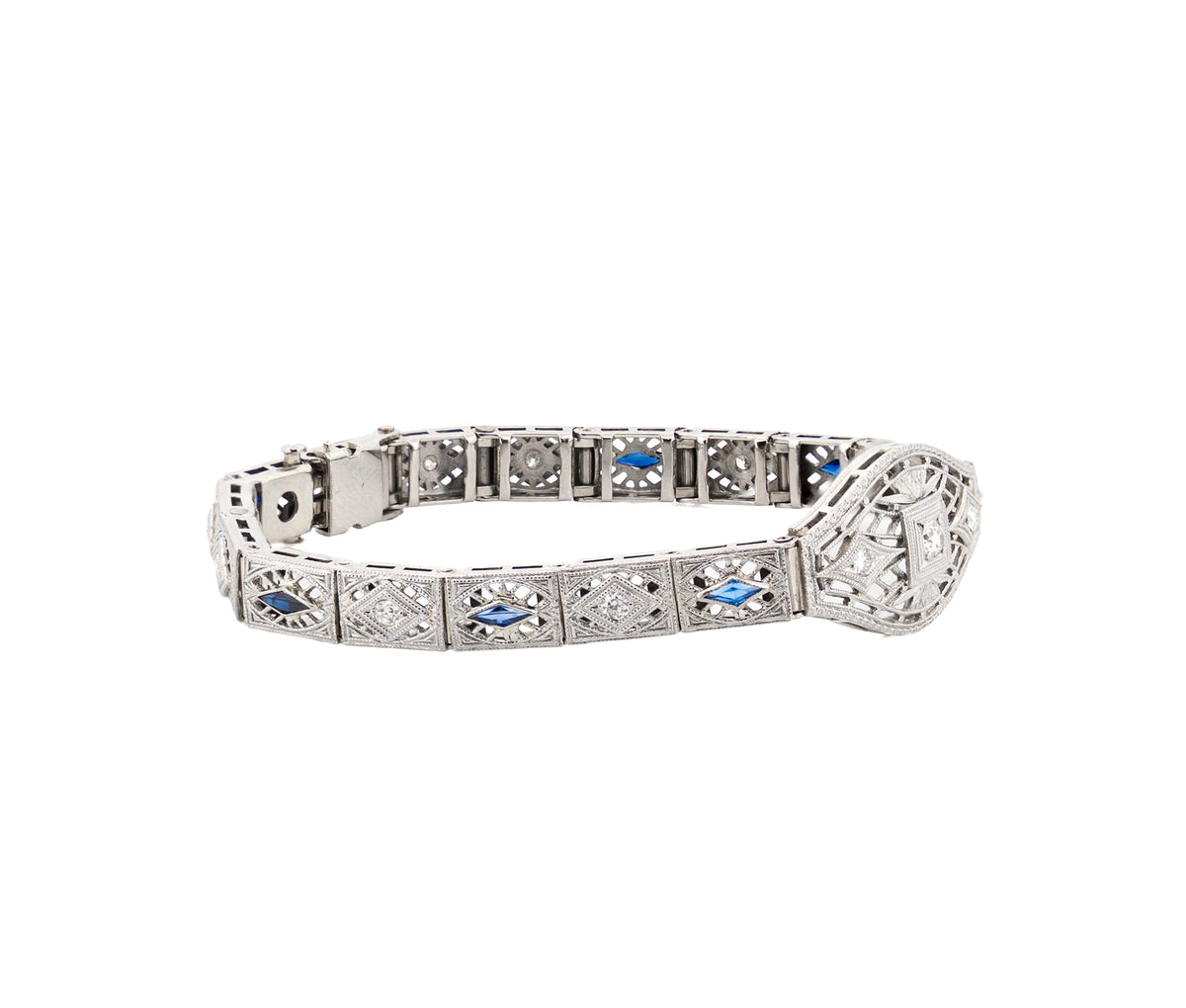 Antique 14K White Gold Diamond and Synthetic Sapphire Bracelet