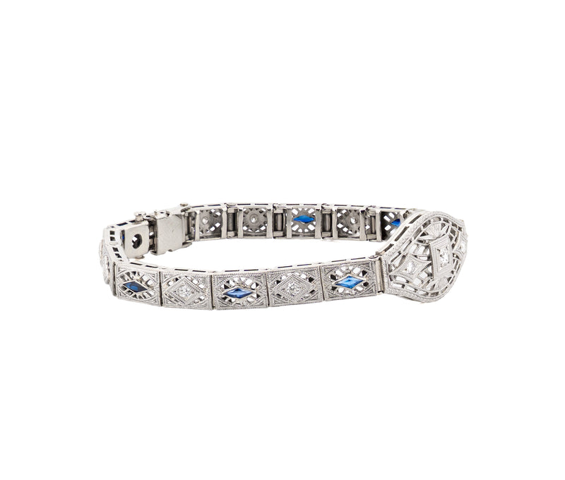 Antique 14K White Gold Diamond and Synthetic Sapphire Bracelet