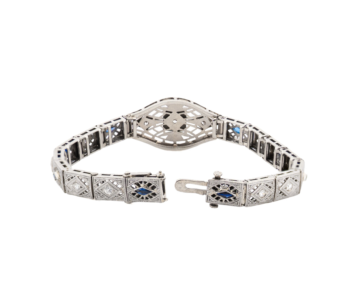 Antique 14K White Gold Diamond and Synthetic Sapphire Bracelet