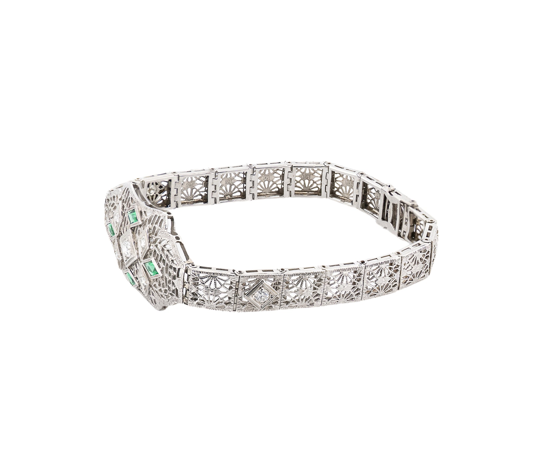 Antique 18K White Gold 0.65Ct Diamond and Green Glass Bracelet