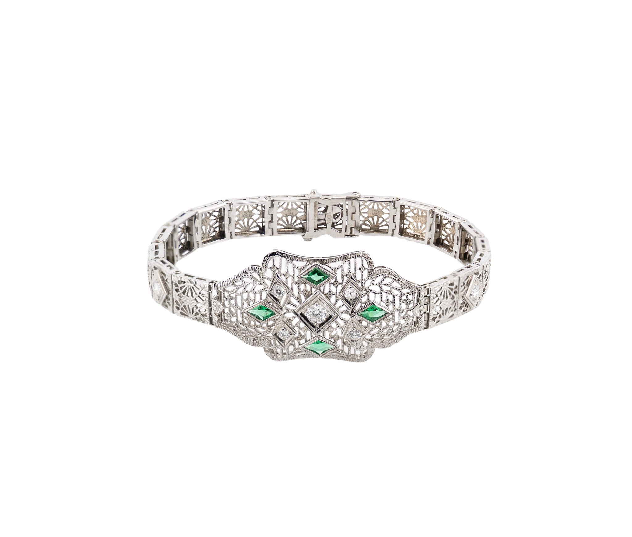Antique 18K White Gold 0.65Ct Diamond and Green Glass Bracelet