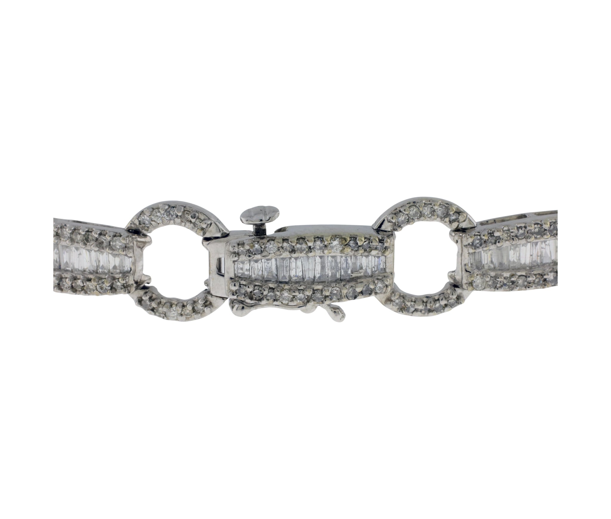 14K White Gold Baguette & Round Cut Diamond Open Circle Link Bracelet