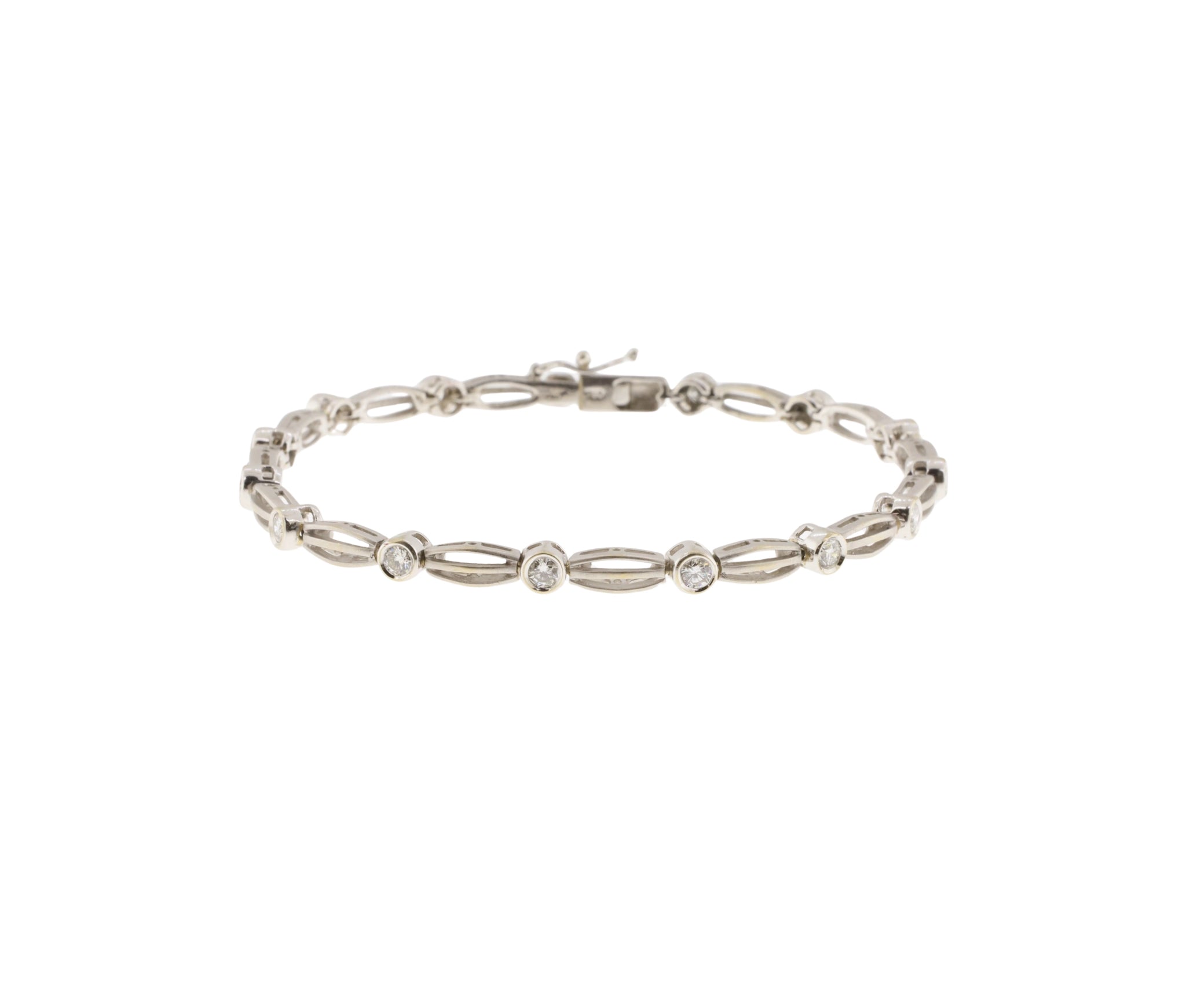 18K White Gold Bezel Set Round Brilliant Cut Diamond Link Bracelet