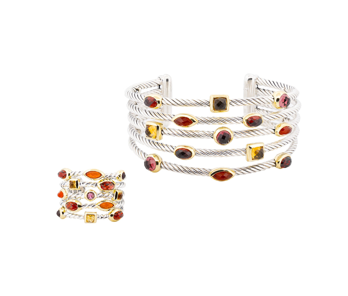 David Yurman Multi Gem Confetti Cuff Bracelet and Ring Set in Sterling & 18K YG