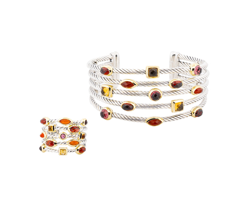 David Yurman Multi Gem Confetti Cuff Bracelet and Ring Set in Sterling & 18K YG