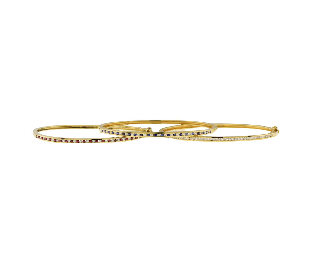 14K Yellow Gold Diamond, Ruby, & Sapphire Hinged Bangle Bracelets