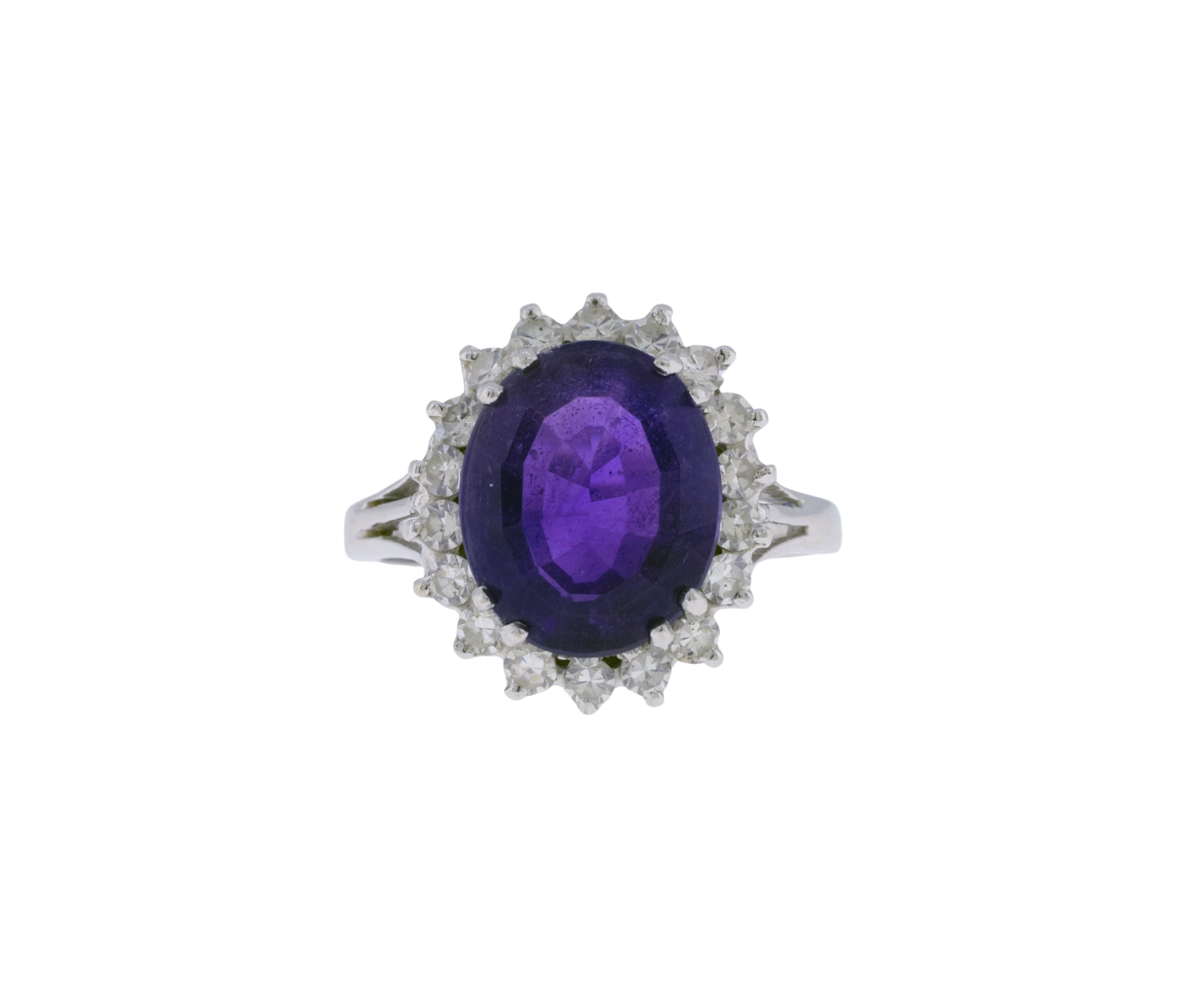 14K White Gold Amethyst and Diamond Oval Shaped Halo Style Ring