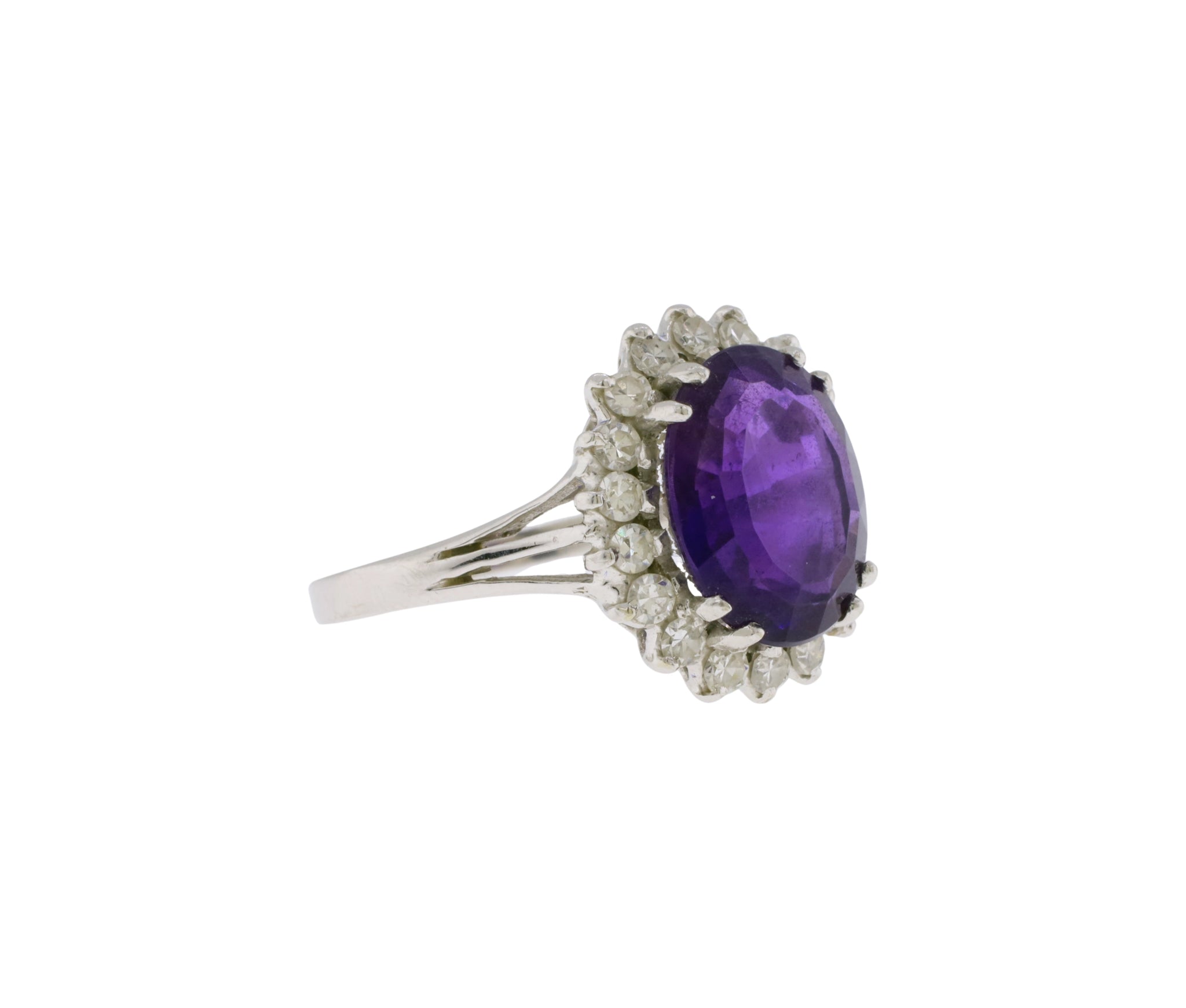 14K White Gold Amethyst and Diamond Oval Shaped Halo Style Ring