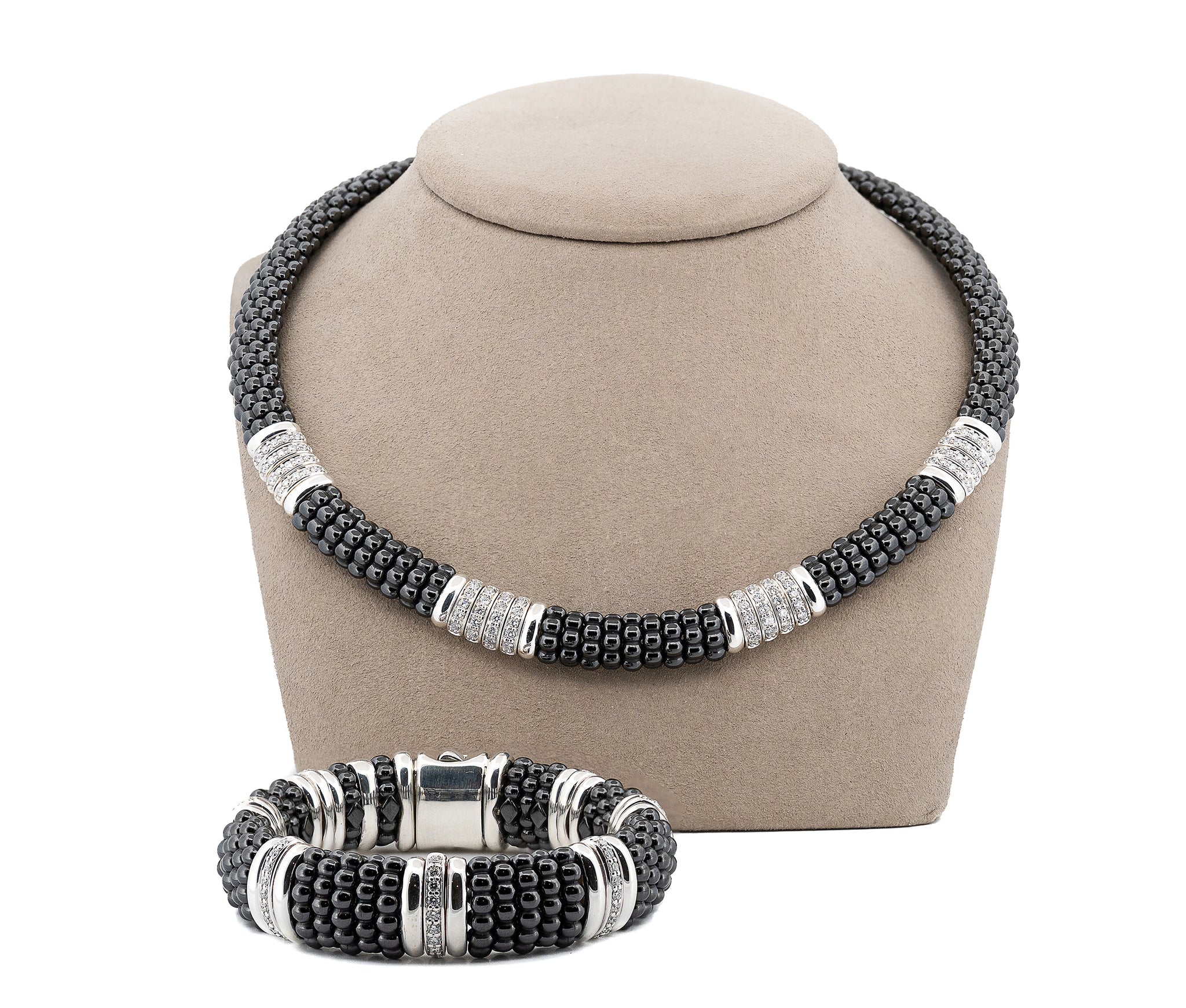 Lagos Black Caviar Ceramic Diamond Station Necklace and Bracelet Set