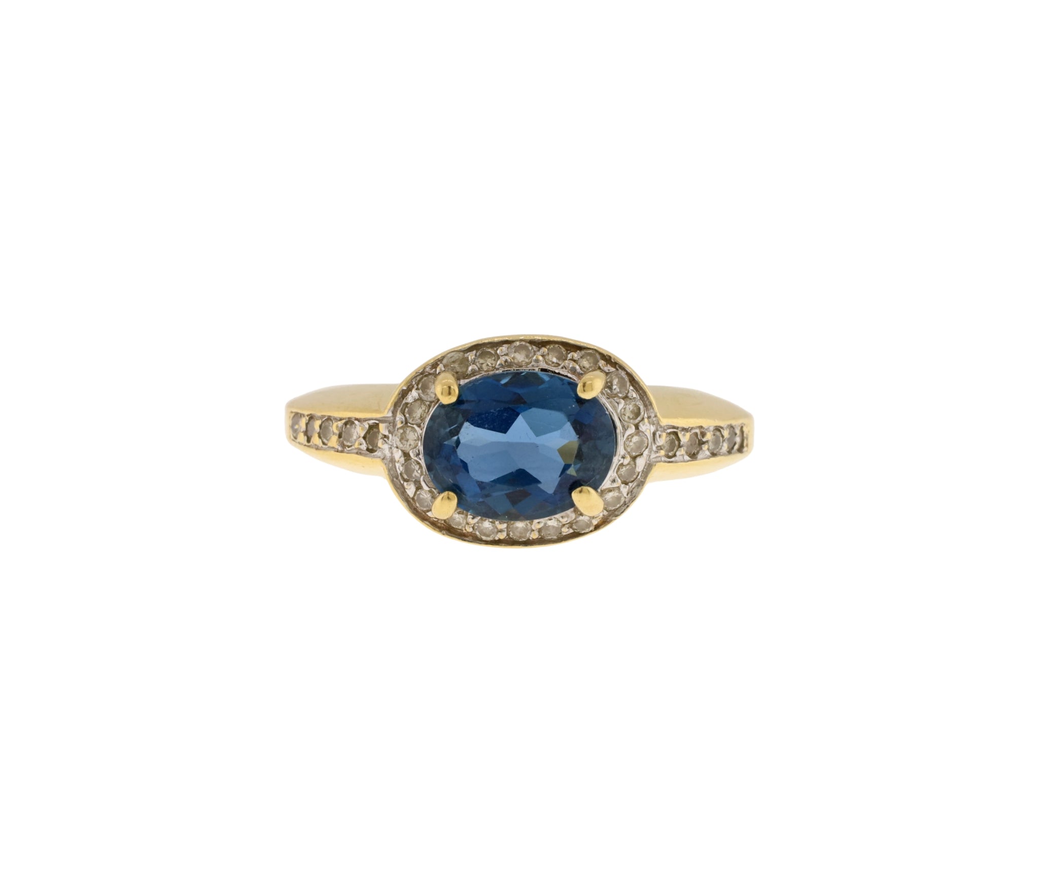 14K Yellow Gold London Blue Topaz and Diamond East-West Set Halo Style Ring
