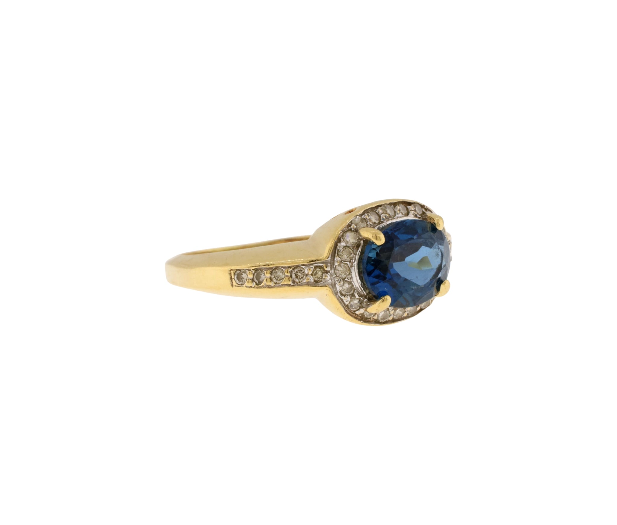14K Yellow Gold London Blue Topaz and Diamond East-West Set Halo Style Ring