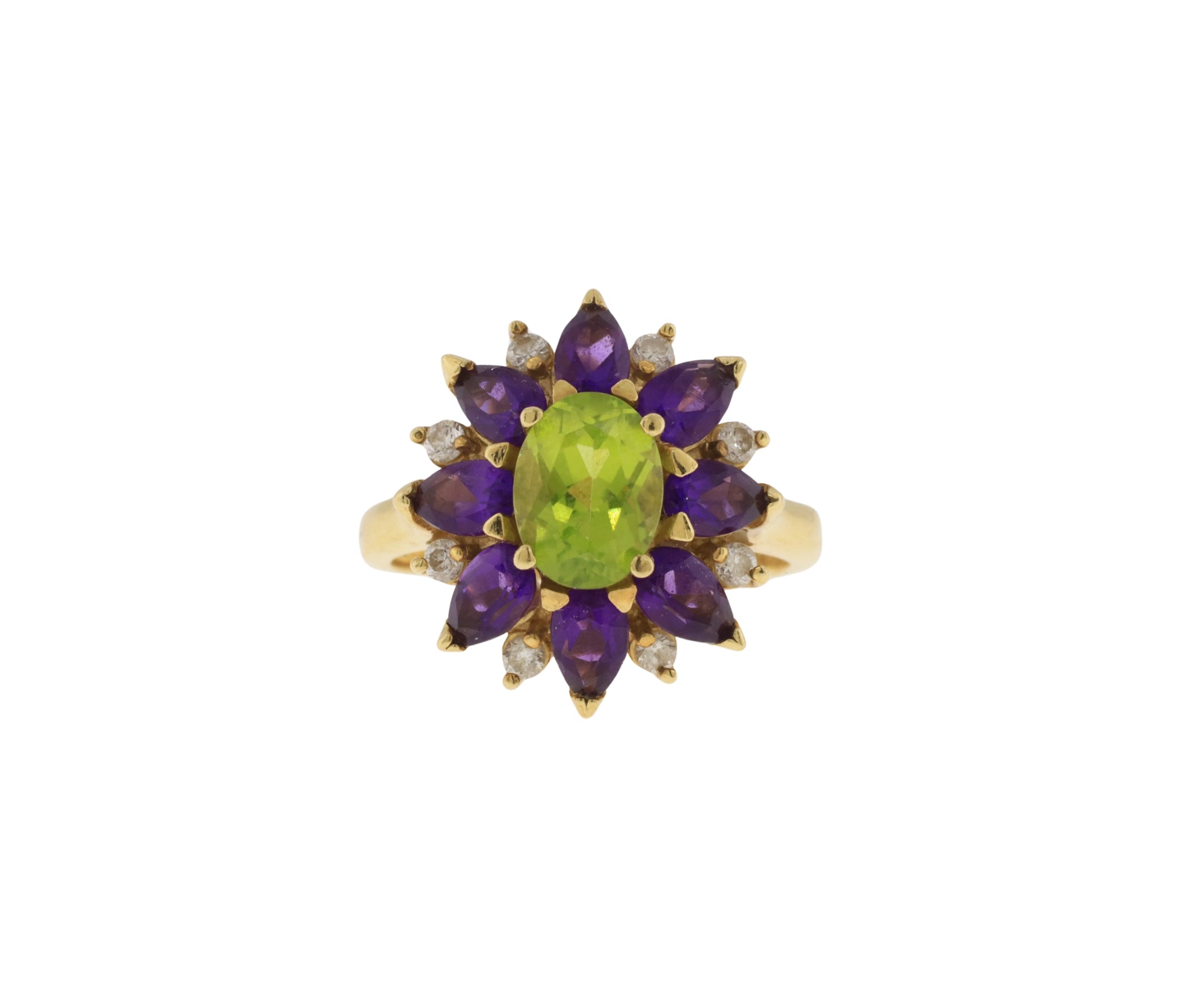 14K Yellow Gold Diamond, Peridot and Amethyst Flower Motif Ring