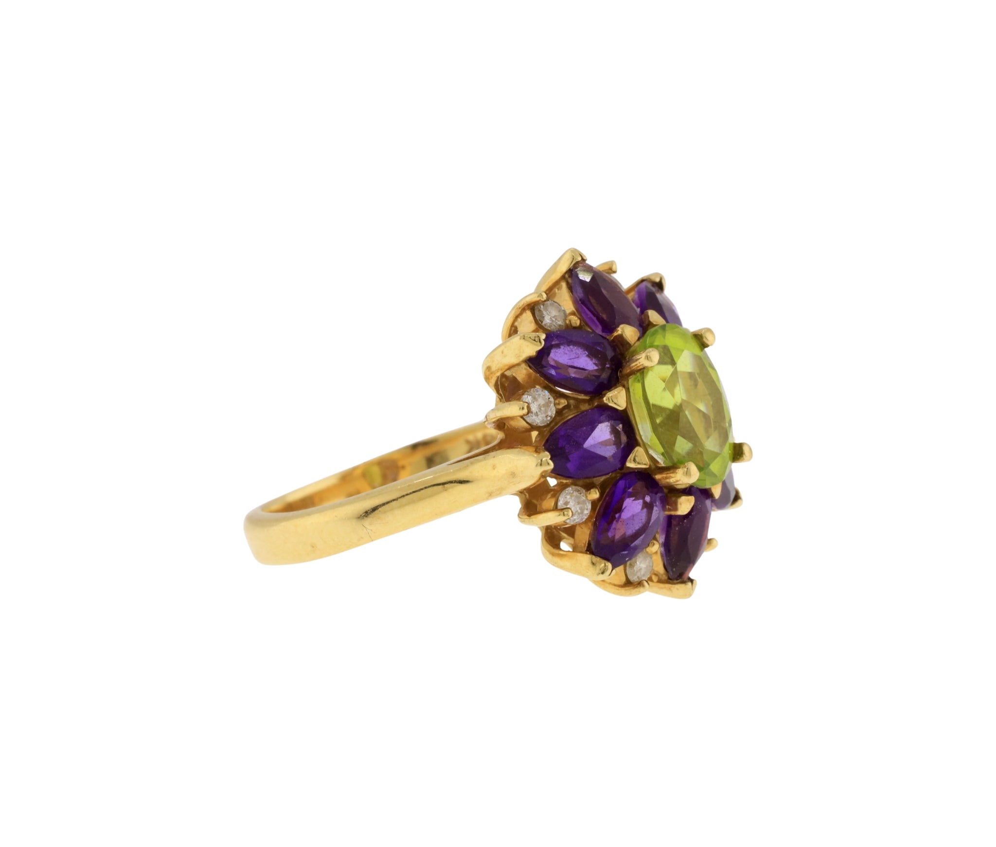 14K Yellow Gold Diamond, Peridot and Amethyst Flower Motif Ring