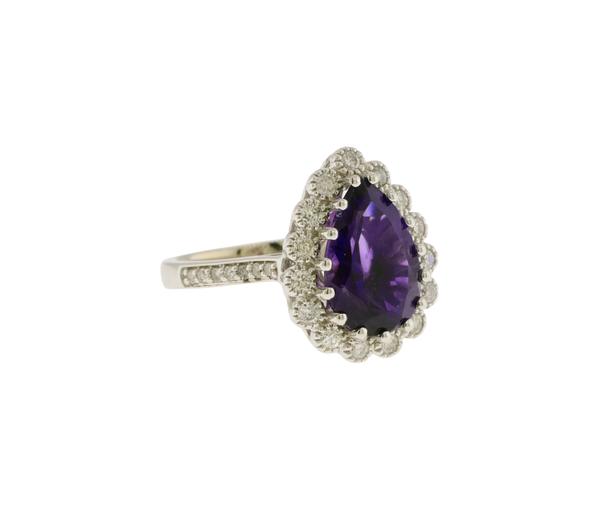 14K White Gold Amethyst and Diamond Pear Shaped Halo Style Ring