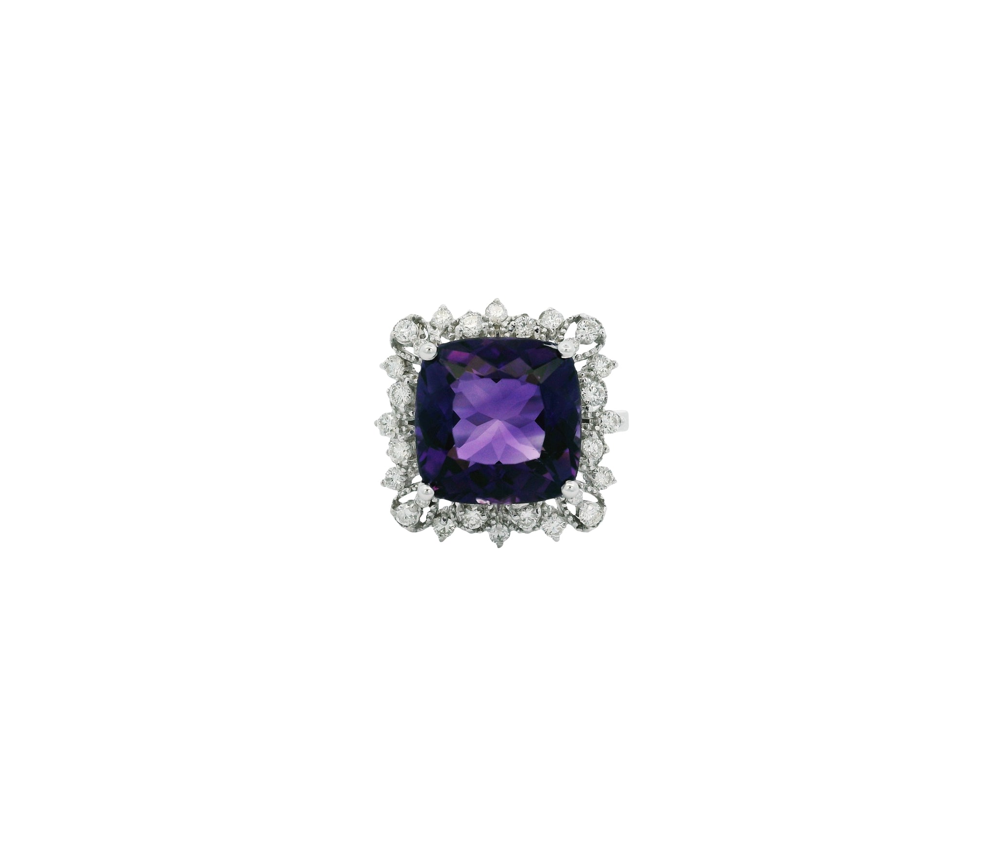 14K White Gold 5.55ct Square Cushion Cut Amethyst and Diamond Halo Style Ring