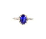 14K White Gold Natural Blue Sapphire and Diamond Oval Shaped Halo Style Ring