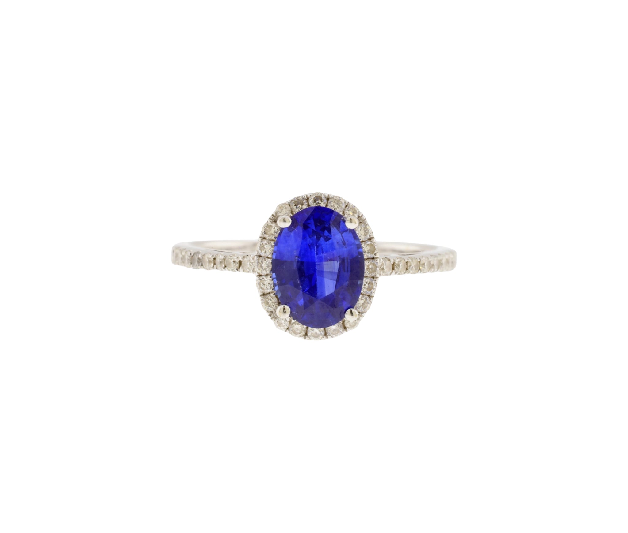 14K White Gold Natural Blue Sapphire and Diamond Oval Shaped Halo Style Ring