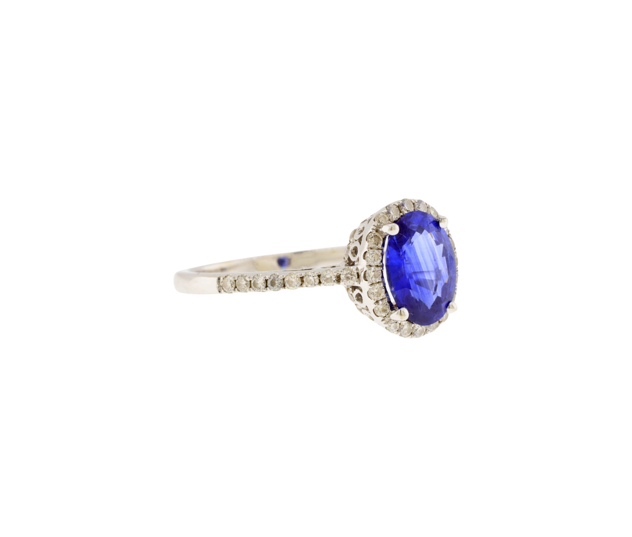 14K White Gold Natural Blue Sapphire and Diamond Oval Shaped Halo Style Ring