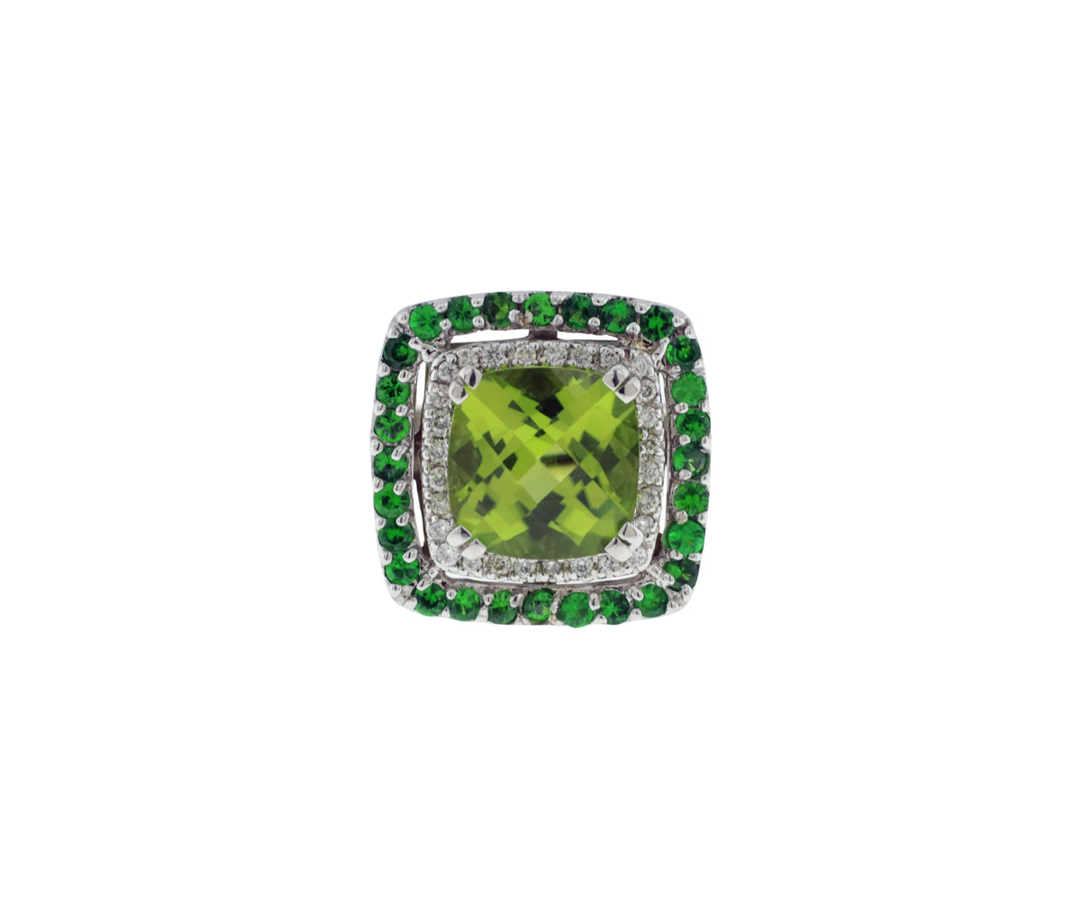 14K White Gold Diamond, Peridot & Tsavorite Garnet Double Halo Style Ring