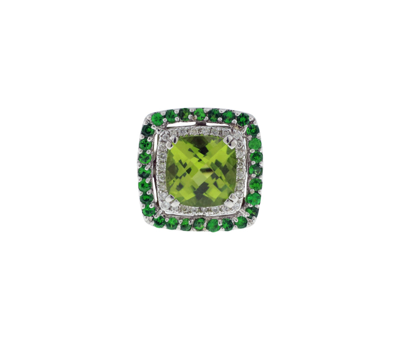 14K White Gold Diamond, Peridot & Tsavorite Garnet Double Halo Style Ring