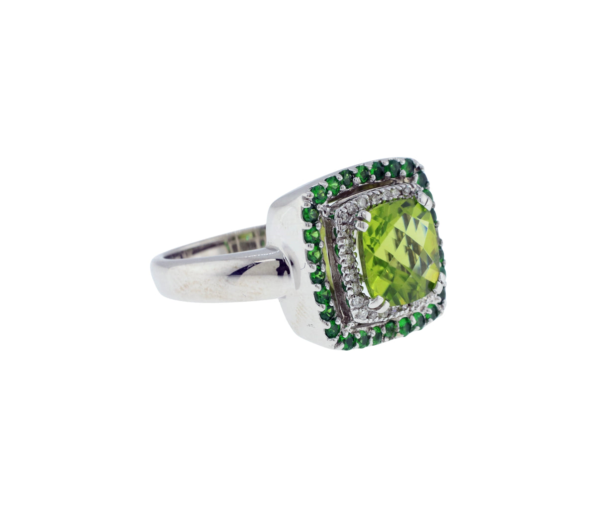 14K White Gold Diamond, Peridot & Tsavorite Garnet Double Halo Style Ring