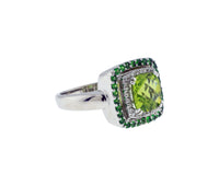 14K White Gold Diamond, Peridot & Tsavorite Garnet Double Halo Style Ring