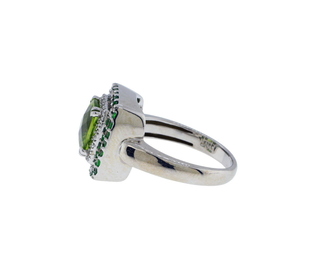 14K White Gold Diamond, Peridot & Tsavorite Garnet Double Halo Style Ring