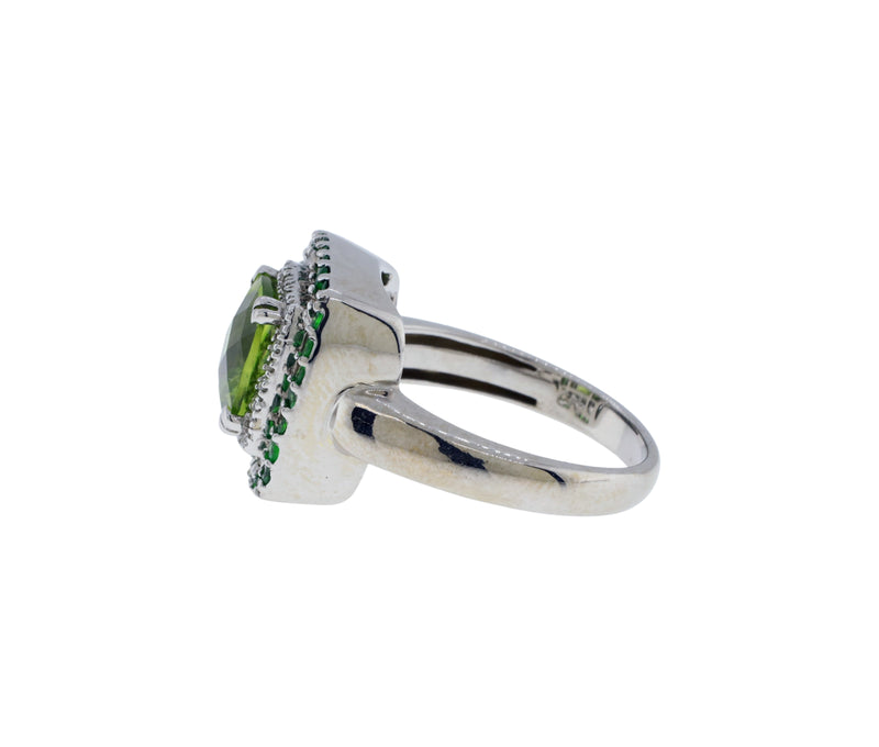 14K White Gold Diamond, Peridot & Tsavorite Garnet Double Halo Style Ring