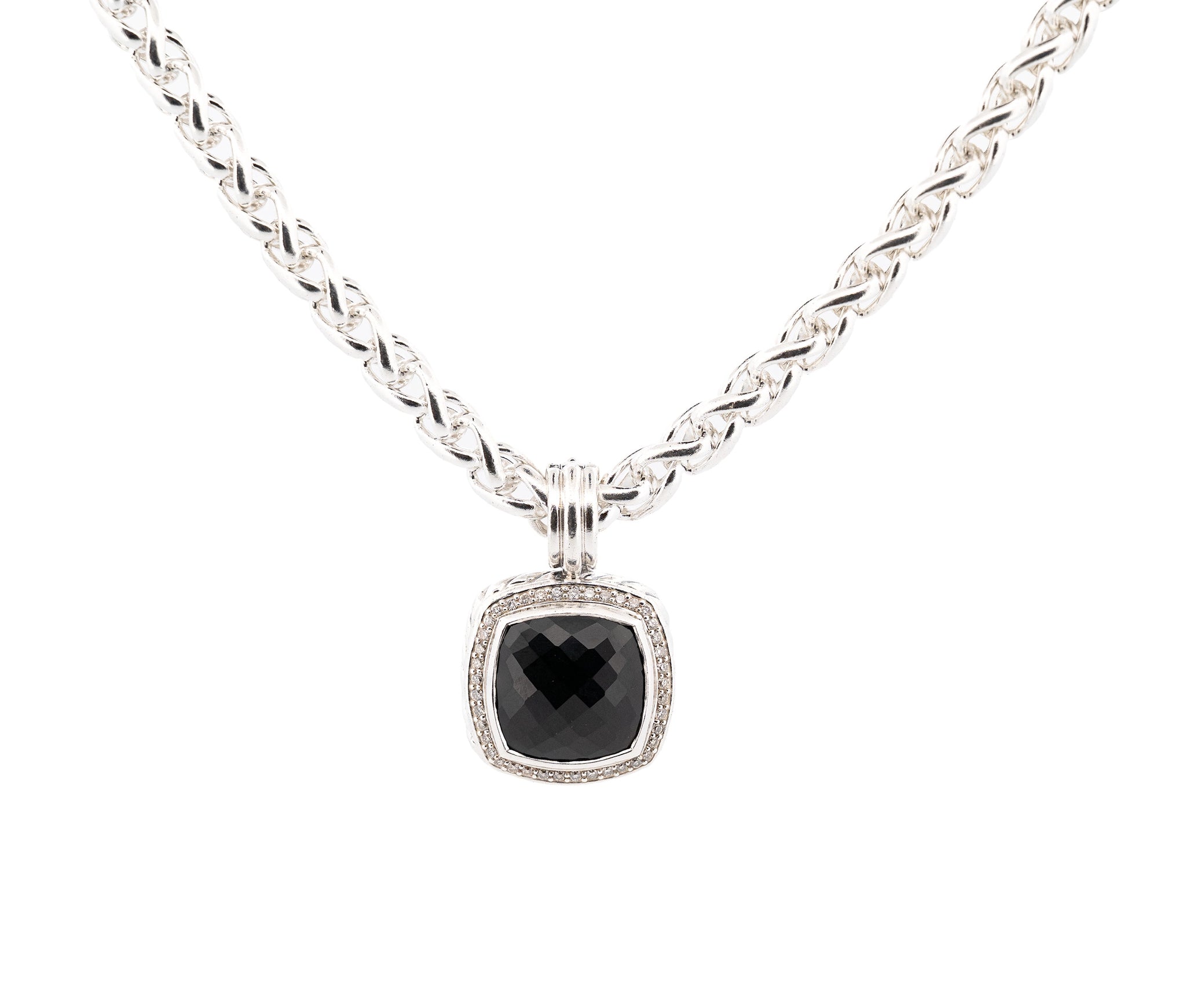 David Yurman Albion Onyx and Diamond Pendant on a 5.8 mm Sterling Wheat Chain