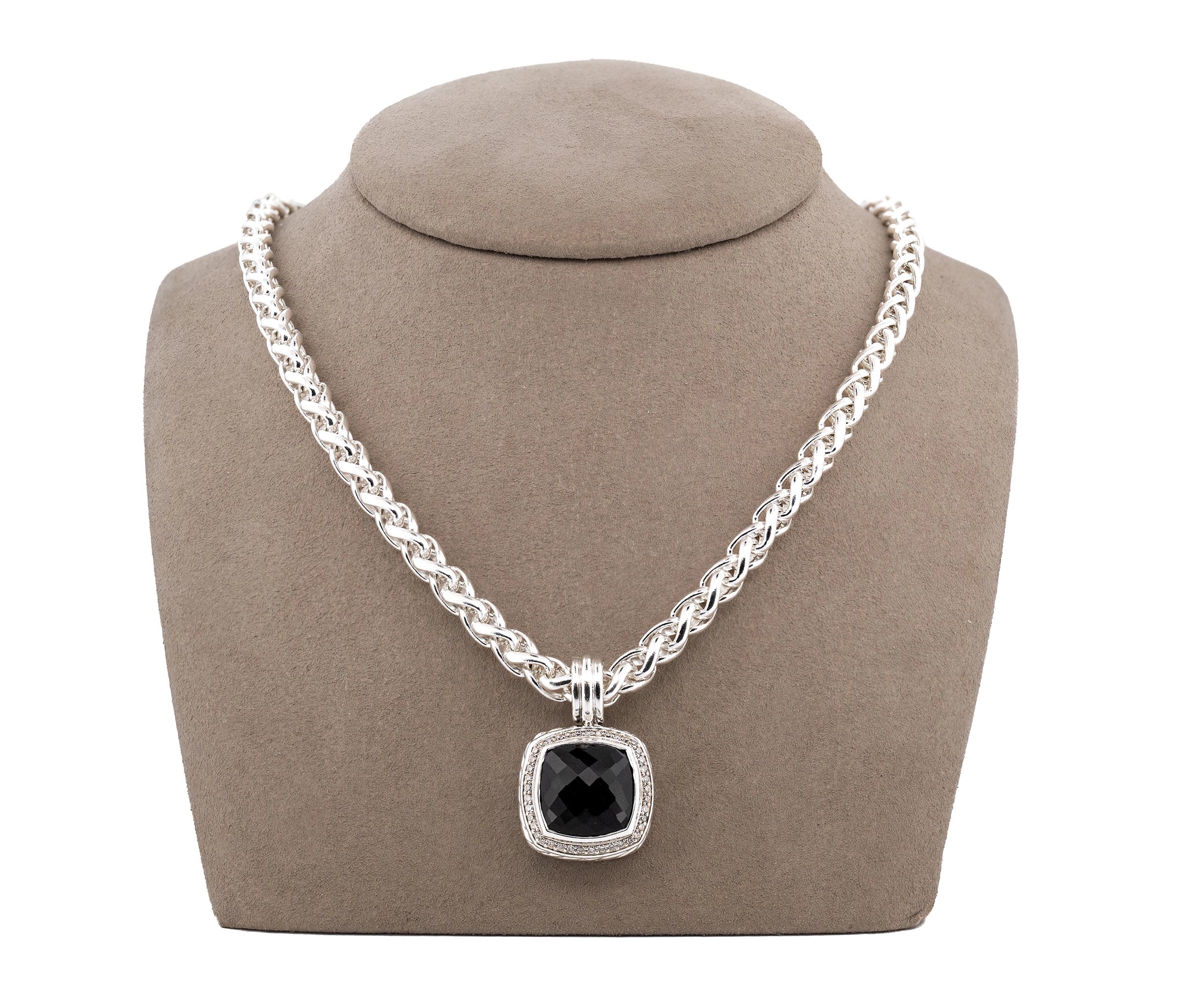 David Yurman Albion Onyx and Diamond Pendant on a 5.8 mm Sterling Wheat Chain
