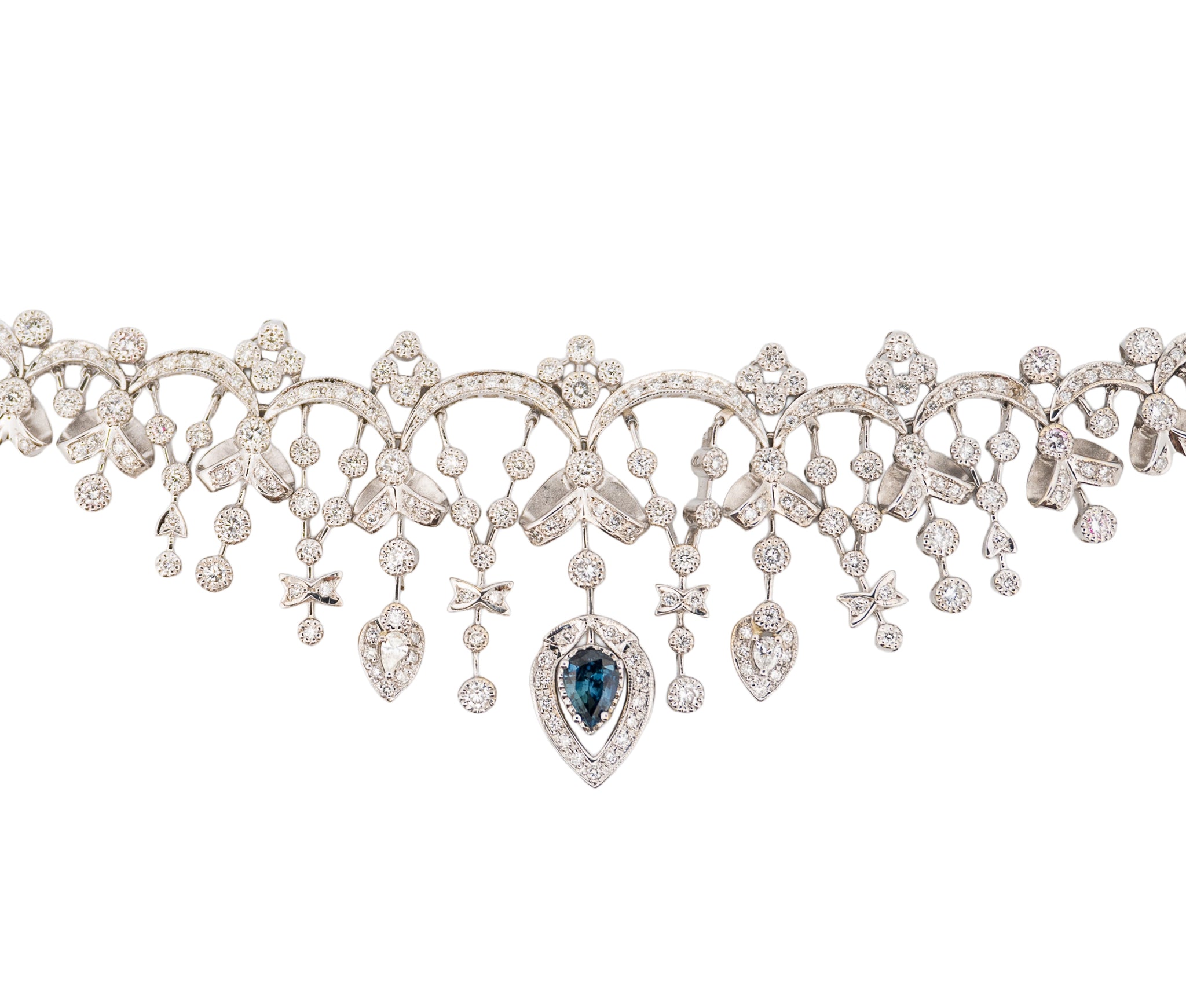 18K White Gold Diamond and Natural Blue Sapphire Ribbon Design Necklace