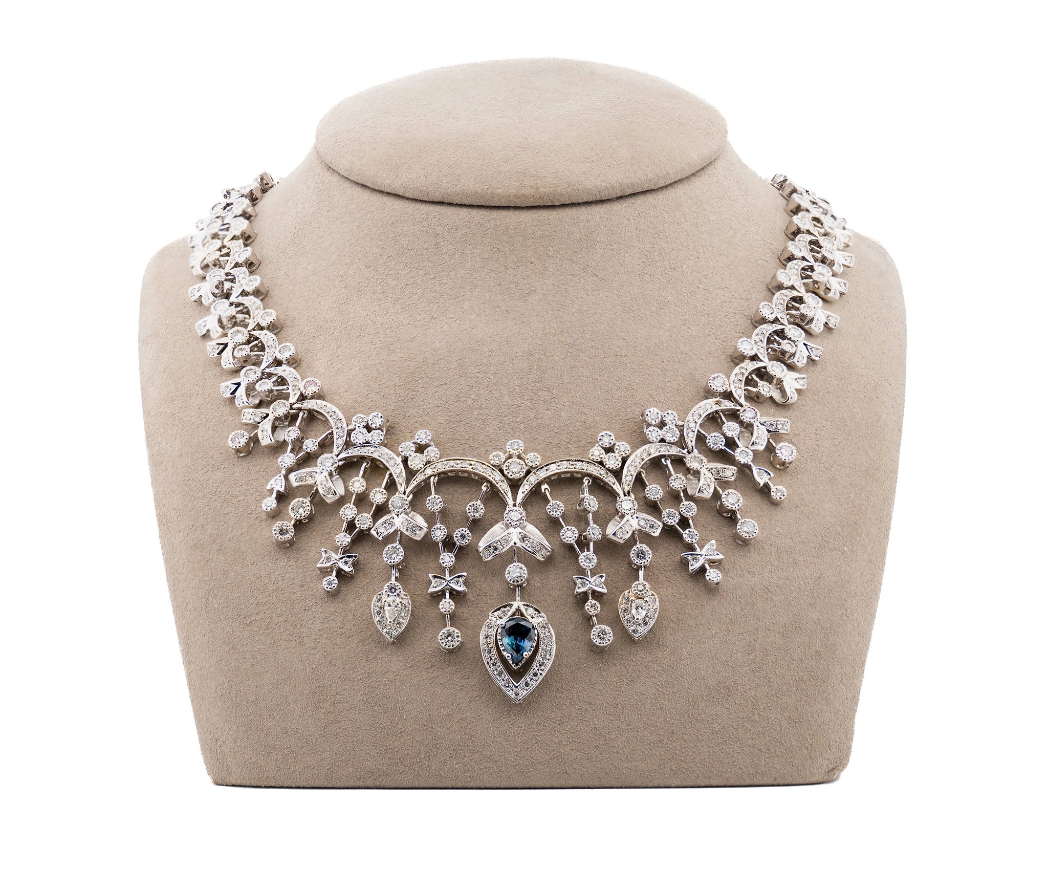 18K White Gold Diamond and Natural Blue Sapphire Ribbon Design Necklace