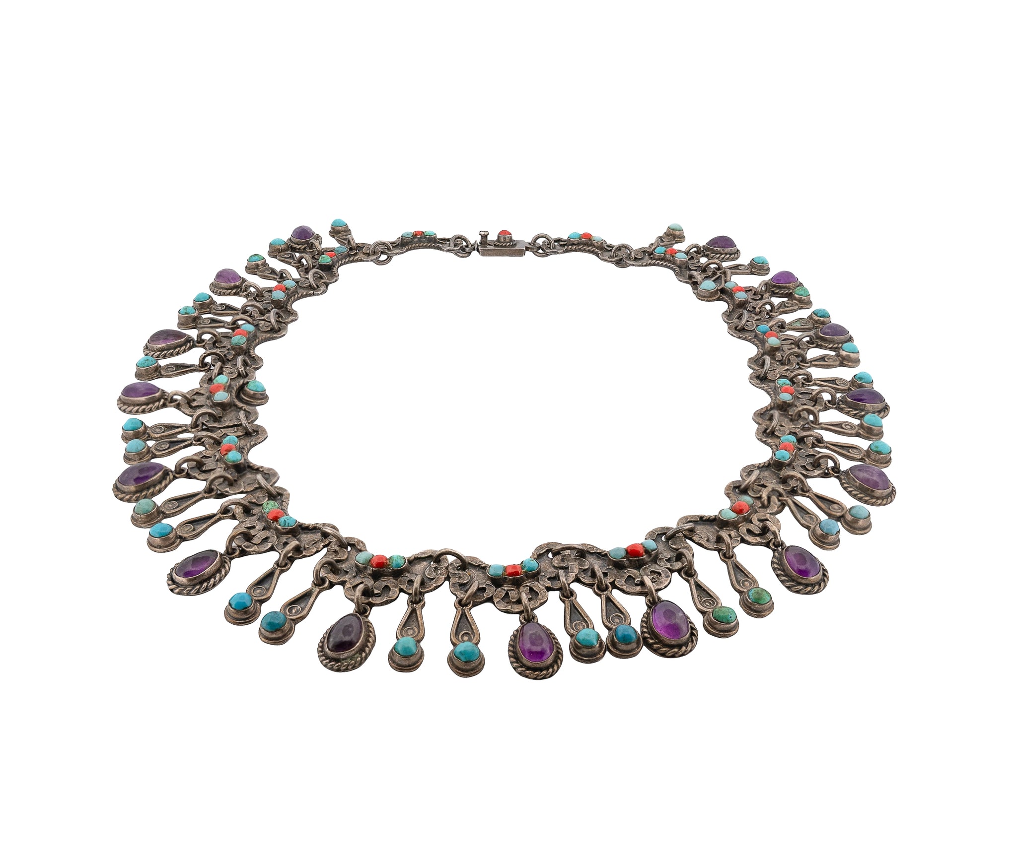 Los Ballesteros Taxco Sterling Turquoise Amethyst Coral MATL/Baroque Necklace