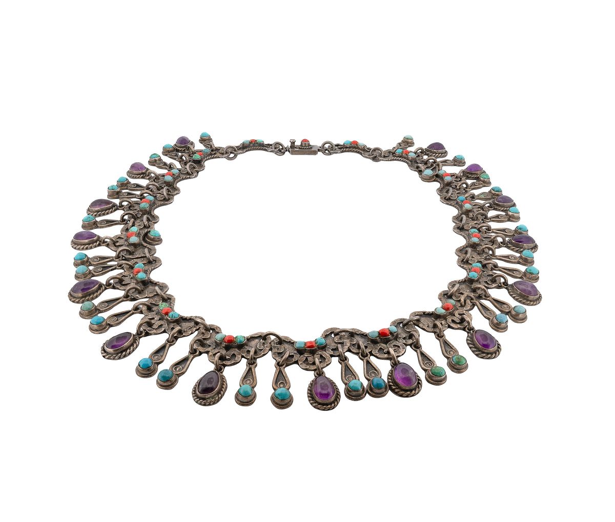 Los Ballesteros Taxco Sterling Turquoise Amethyst Coral MATL/Baroque Necklace
