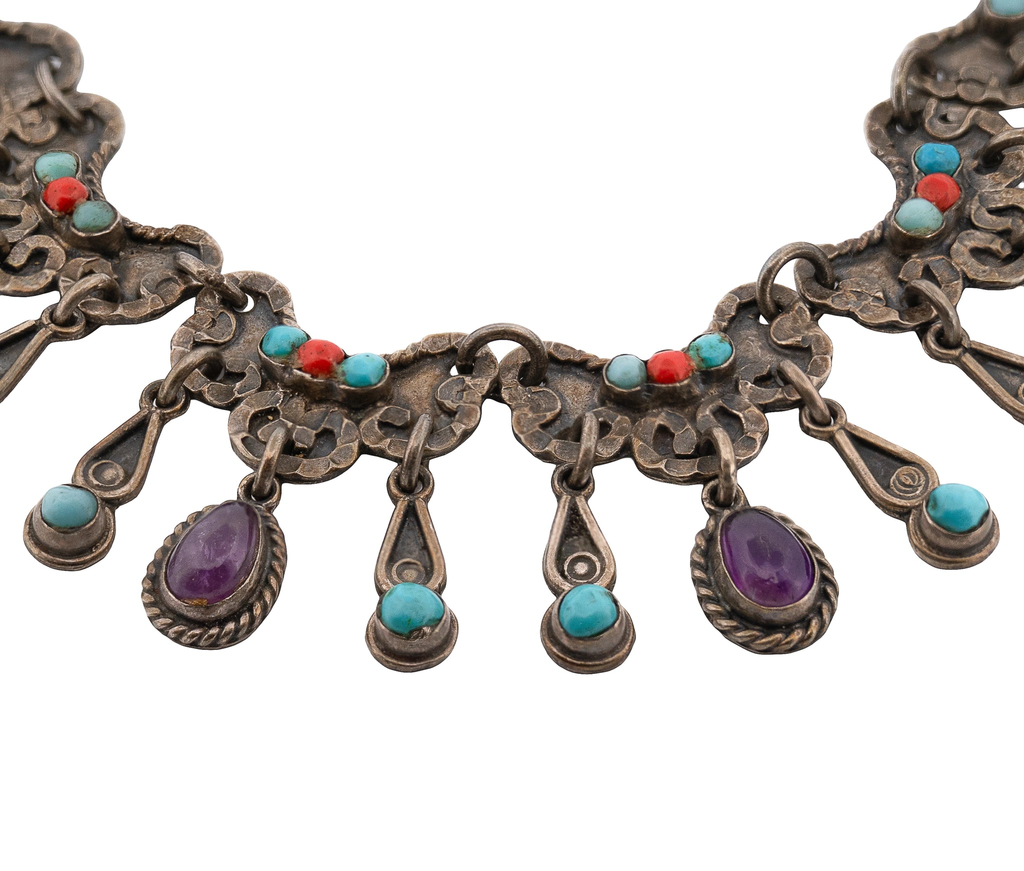 Los Ballesteros Taxco Sterling Turquoise Amethyst Coral MATL/Baroque Necklace