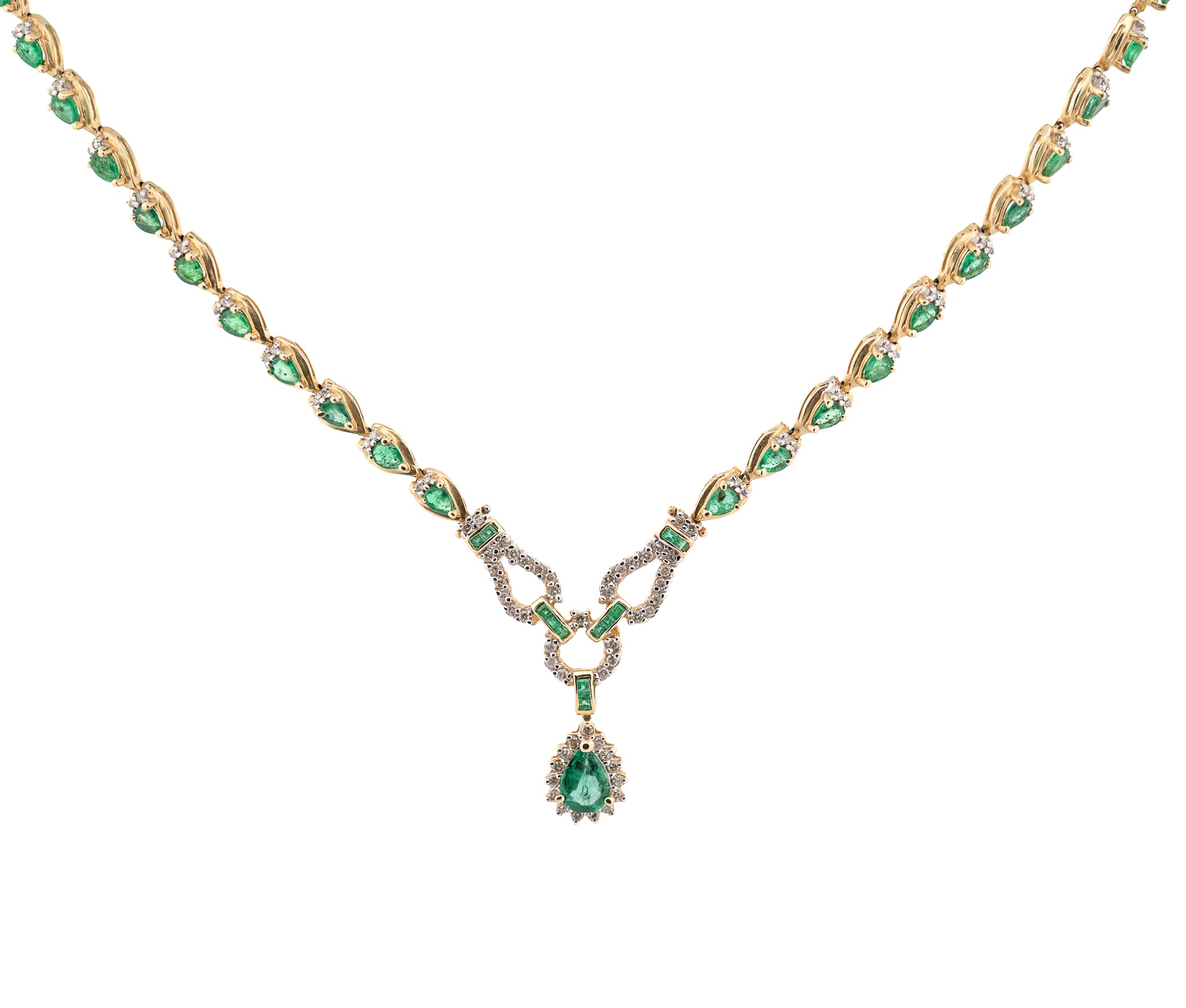 14K Yellow Gold Diamond & Natural Emerald Halo Link Pendant Necklace