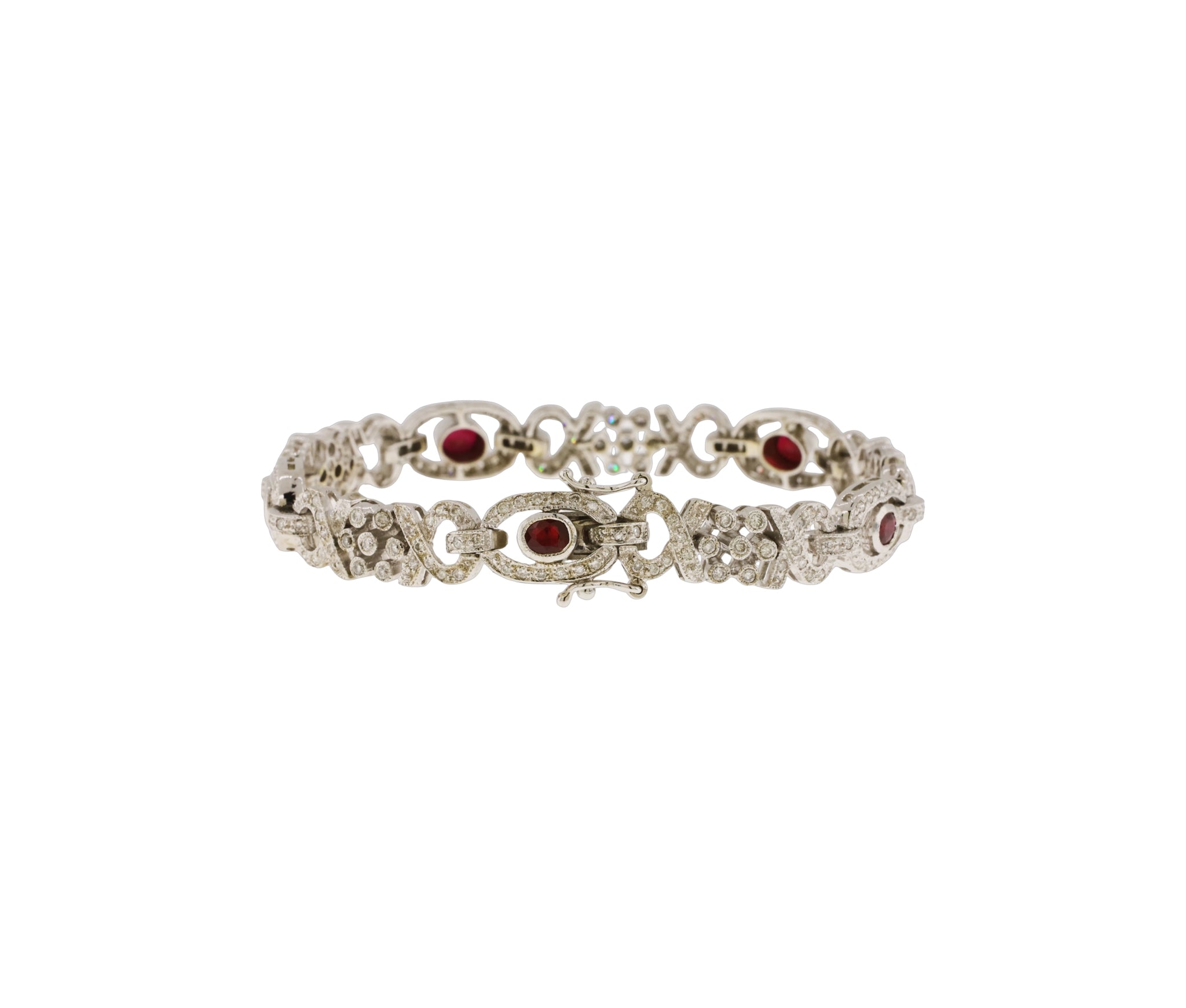 18K White Gold 1.45Ct  Ruby and 1.45Ct Diamond Fancy Link Bracelet