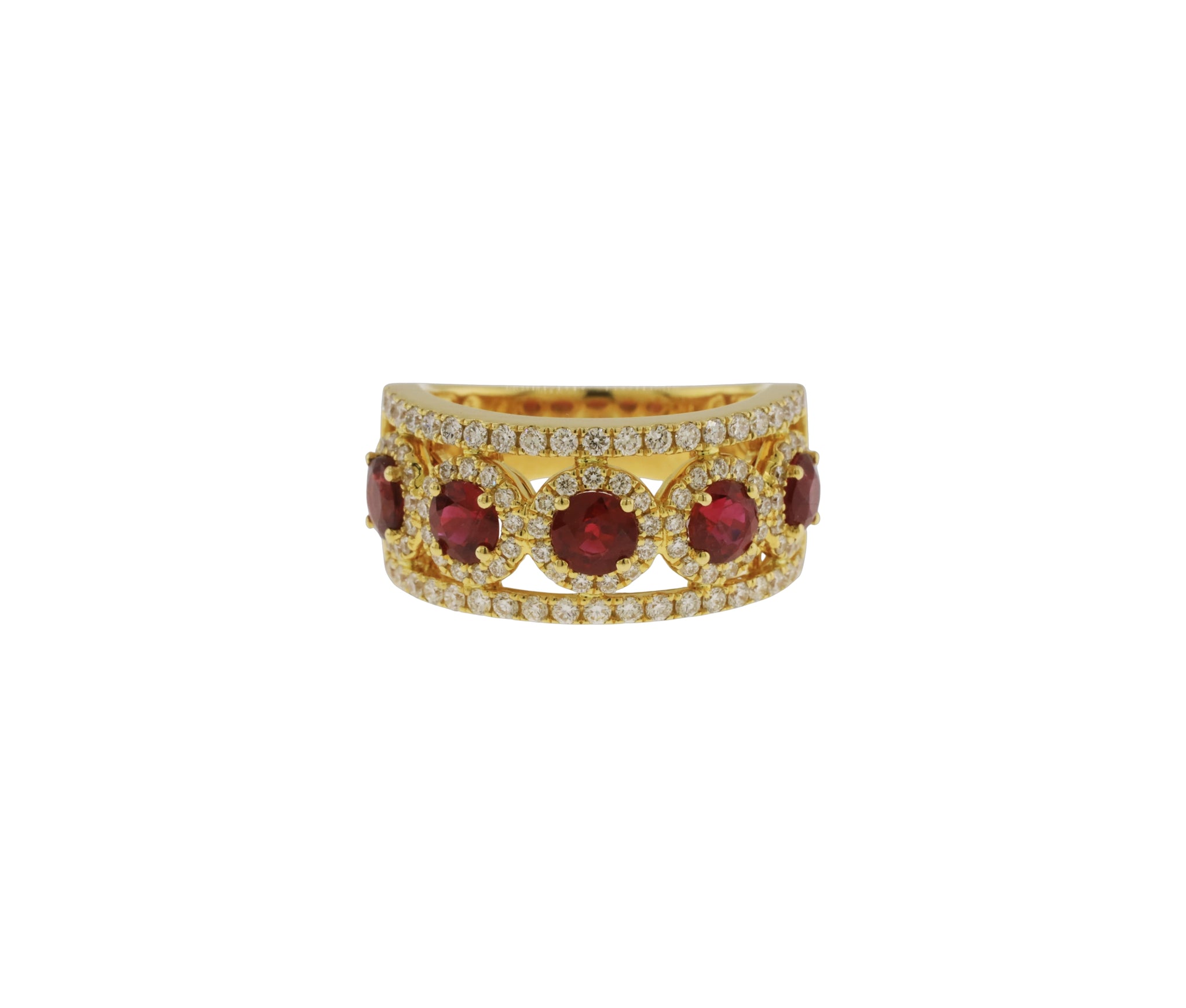 18K Yellow Gold 2.12Ct Ruby & 0.93Ct Diamond Halo Band Ring