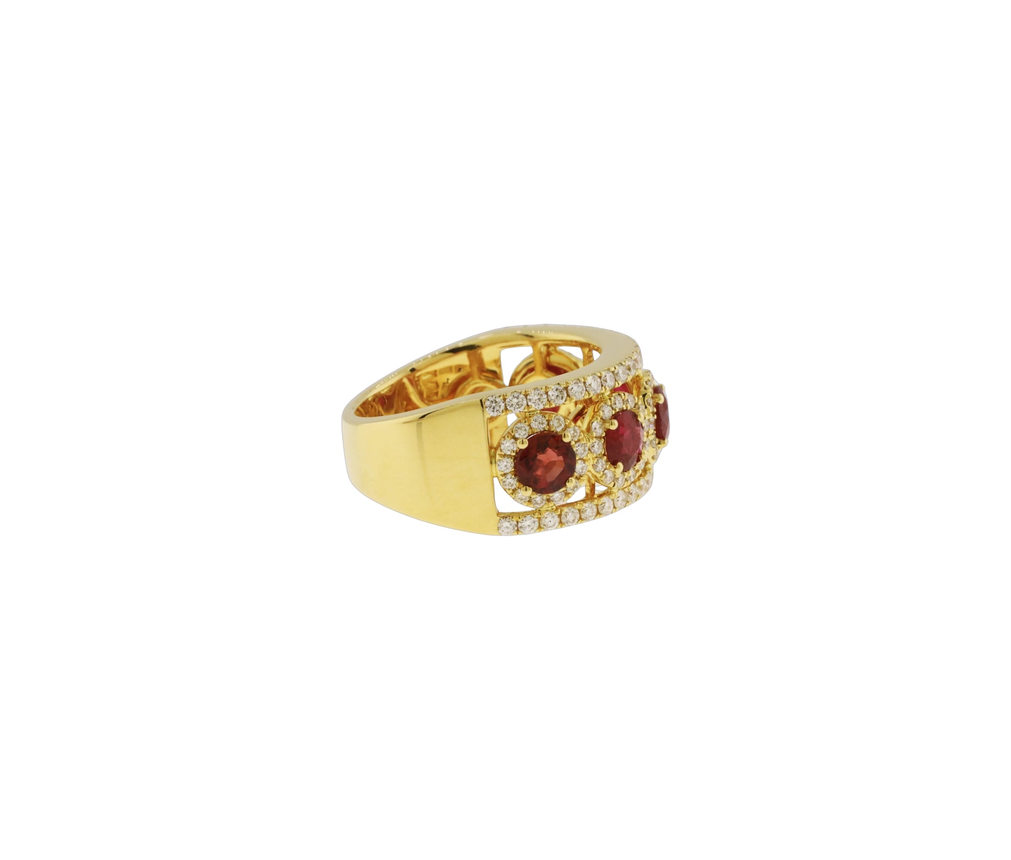 18K Yellow Gold 2.12Ct Ruby & 0.93Ct Diamond Halo Band Ring