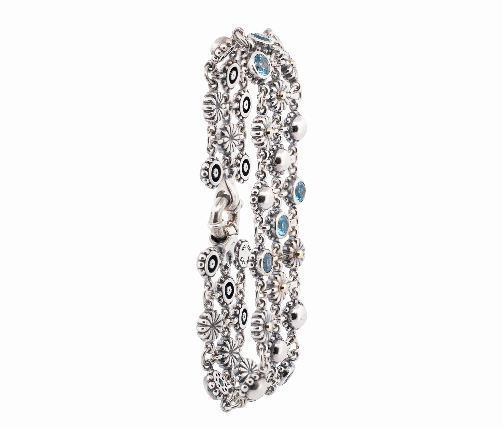 Lagos Caviar 3 Row Blue Topaz Station Bracelet in Sterling & 18K Yellow Gold