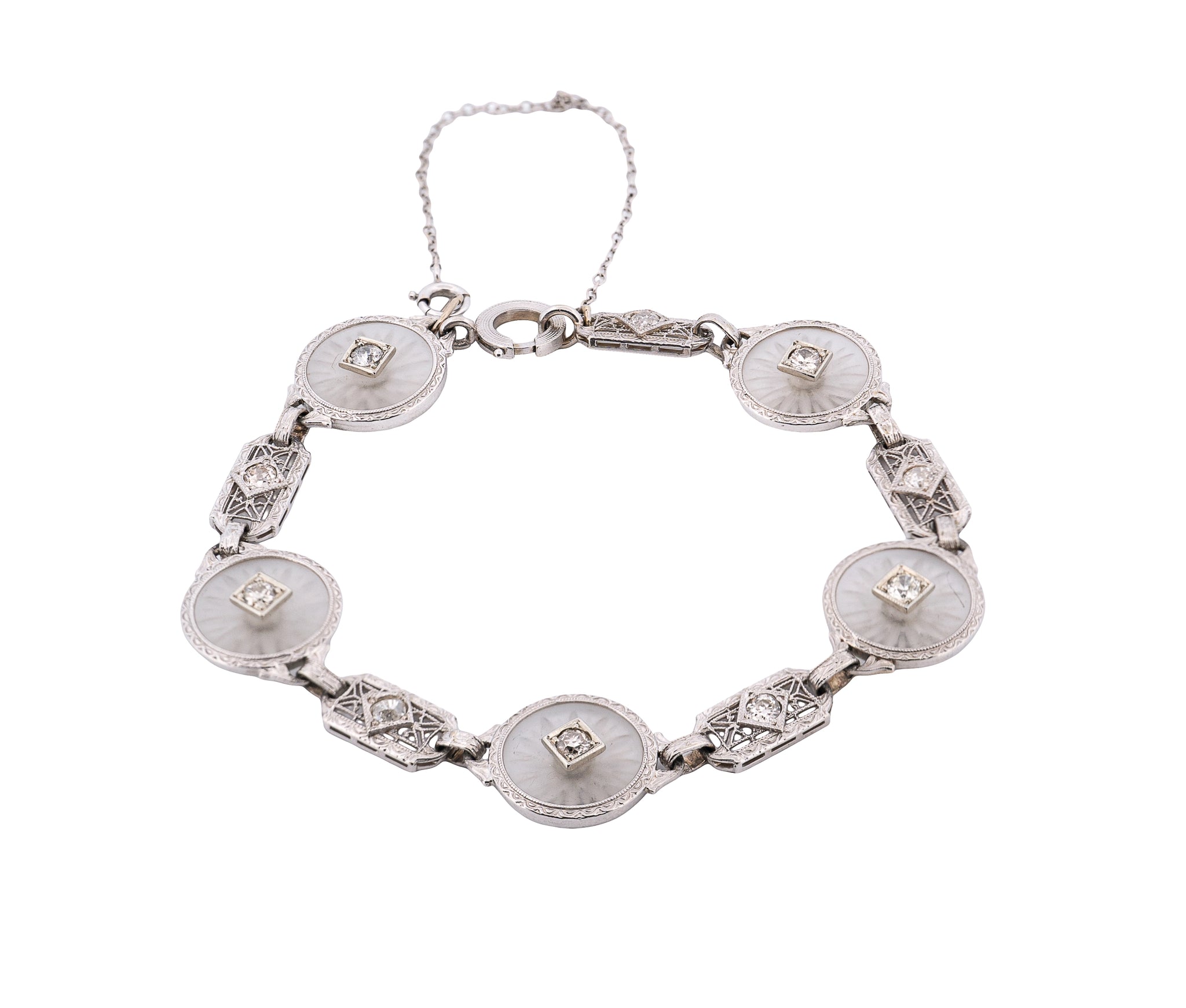 Art Deco Diamond  Camphor Glass Filigree Bracelet
