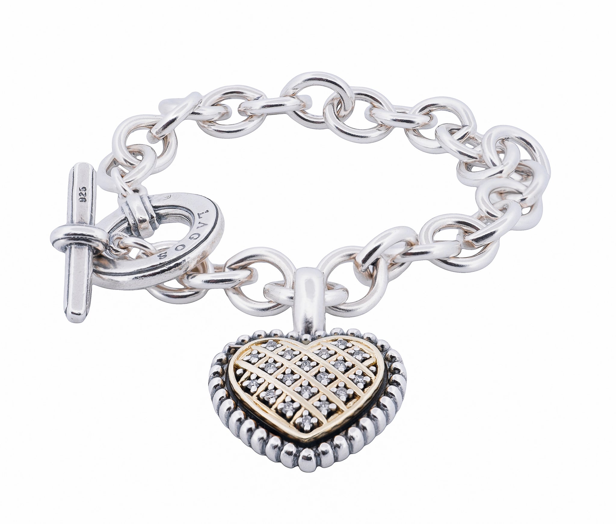 Lagos Sterling and 18K Yellow Gold Diamond Heart Bracelet