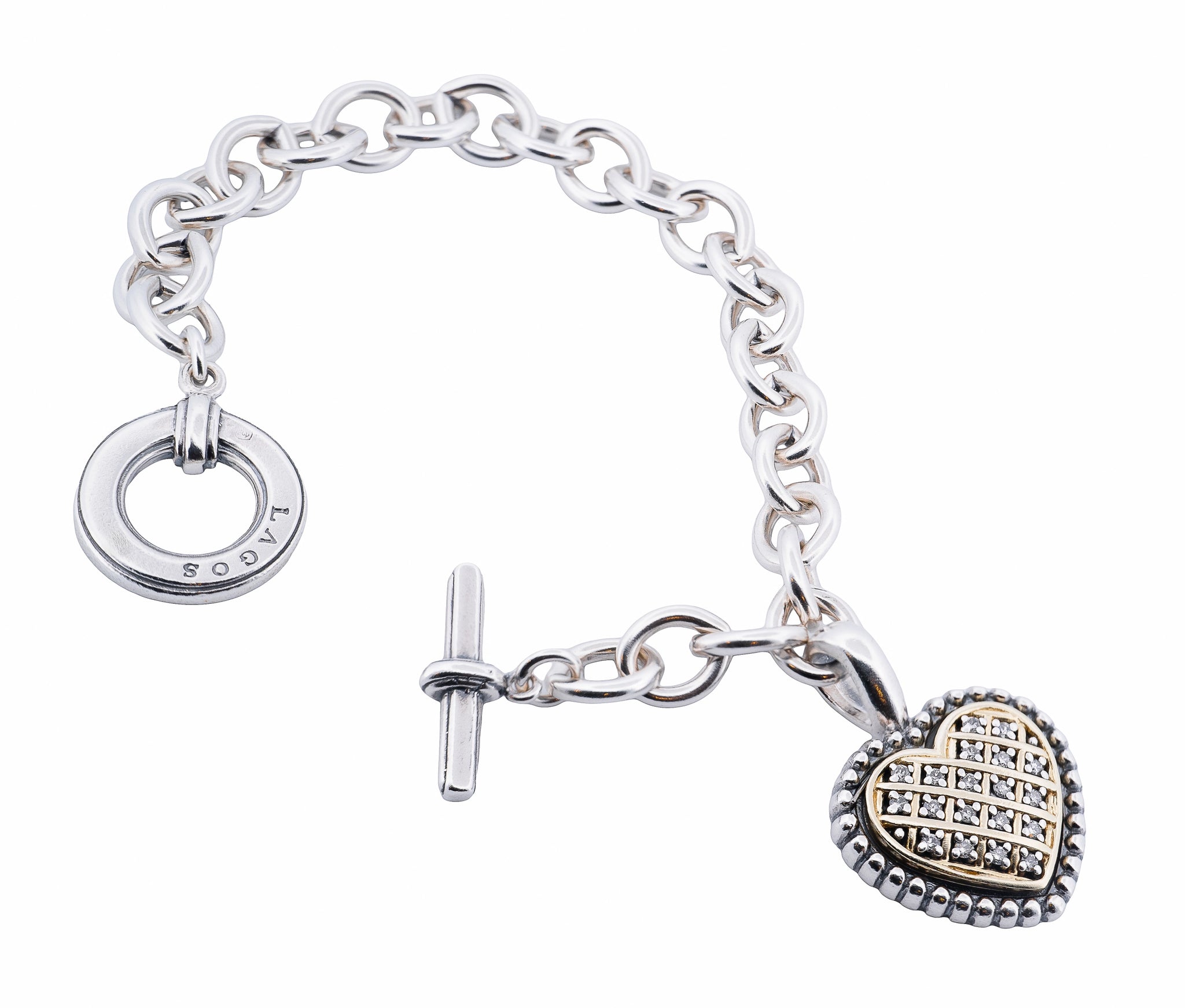 Lagos Sterling and 18K Yellow Gold Diamond Heart Bracelet