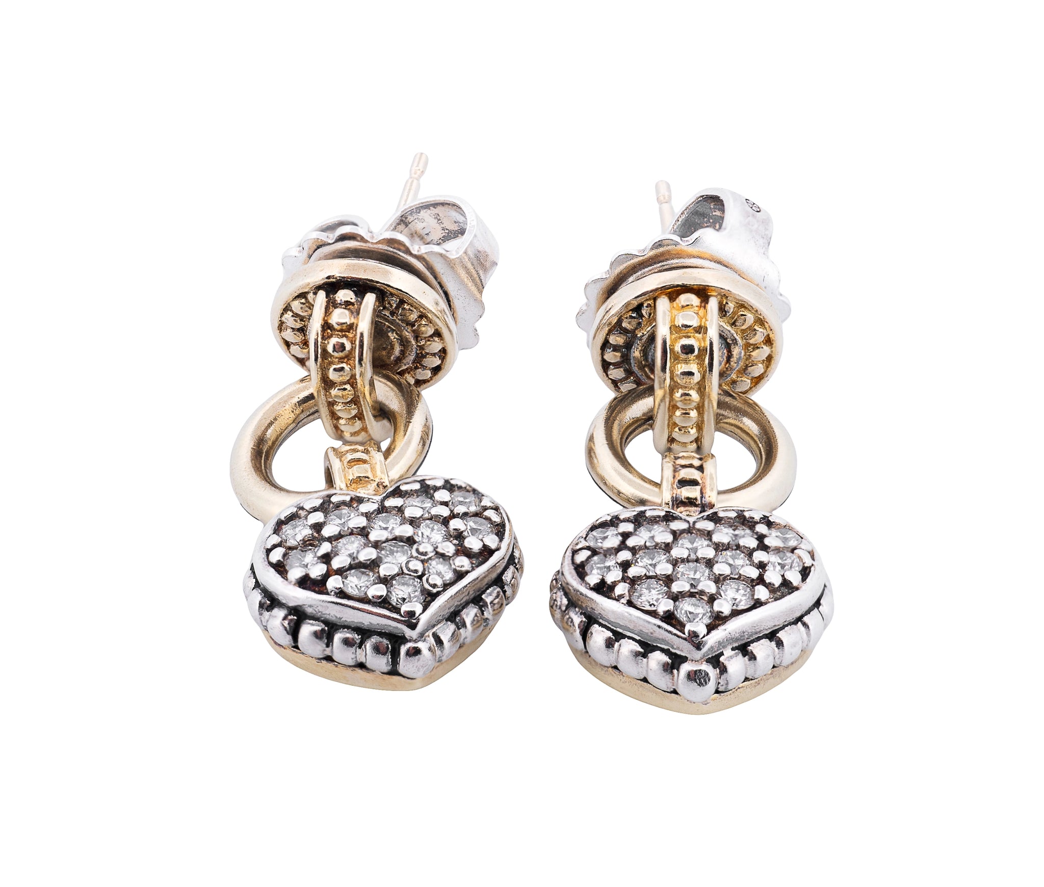 Lagos Sterling Silver and 18K Yellow Gold Dangle Diamond Heart Earrings