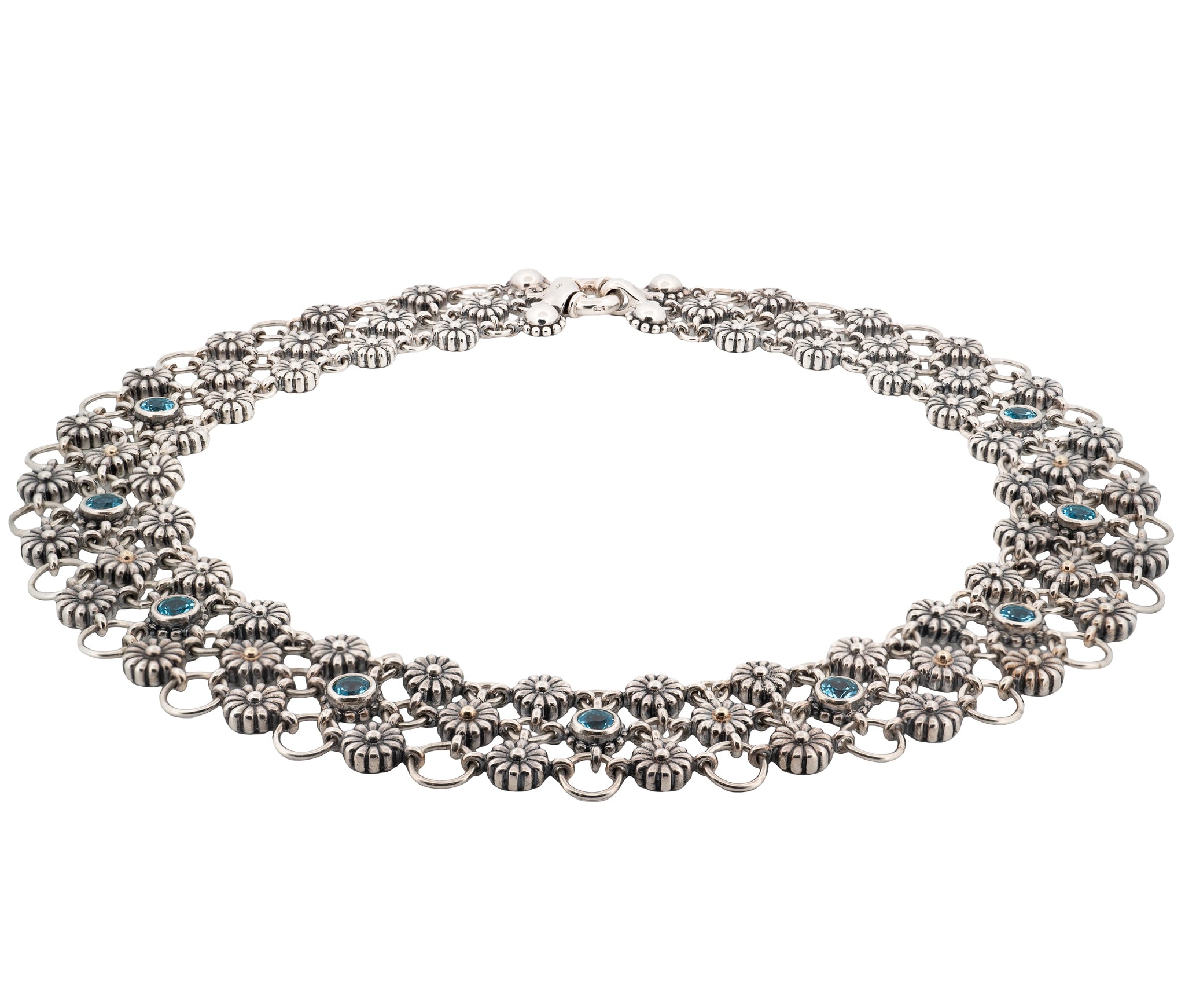 Lagos Caviar Sterling Silver & 18K Yellow Gold Blue Topaz 3-Row Daisy Choker