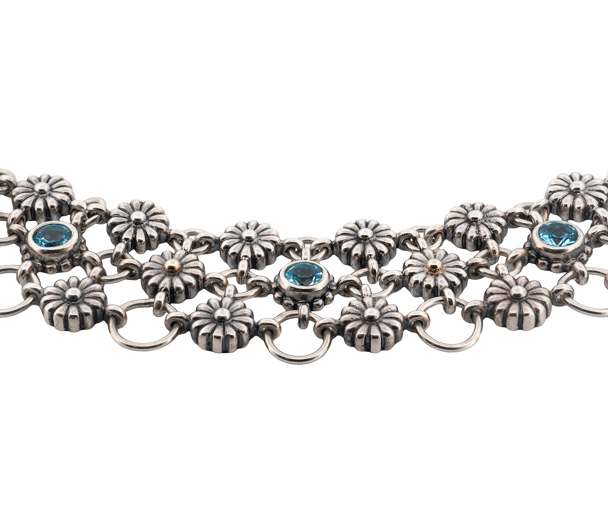 Lagos Caviar Sterling Silver & 18K Yellow Gold Blue Topaz 3-Row Daisy Choker