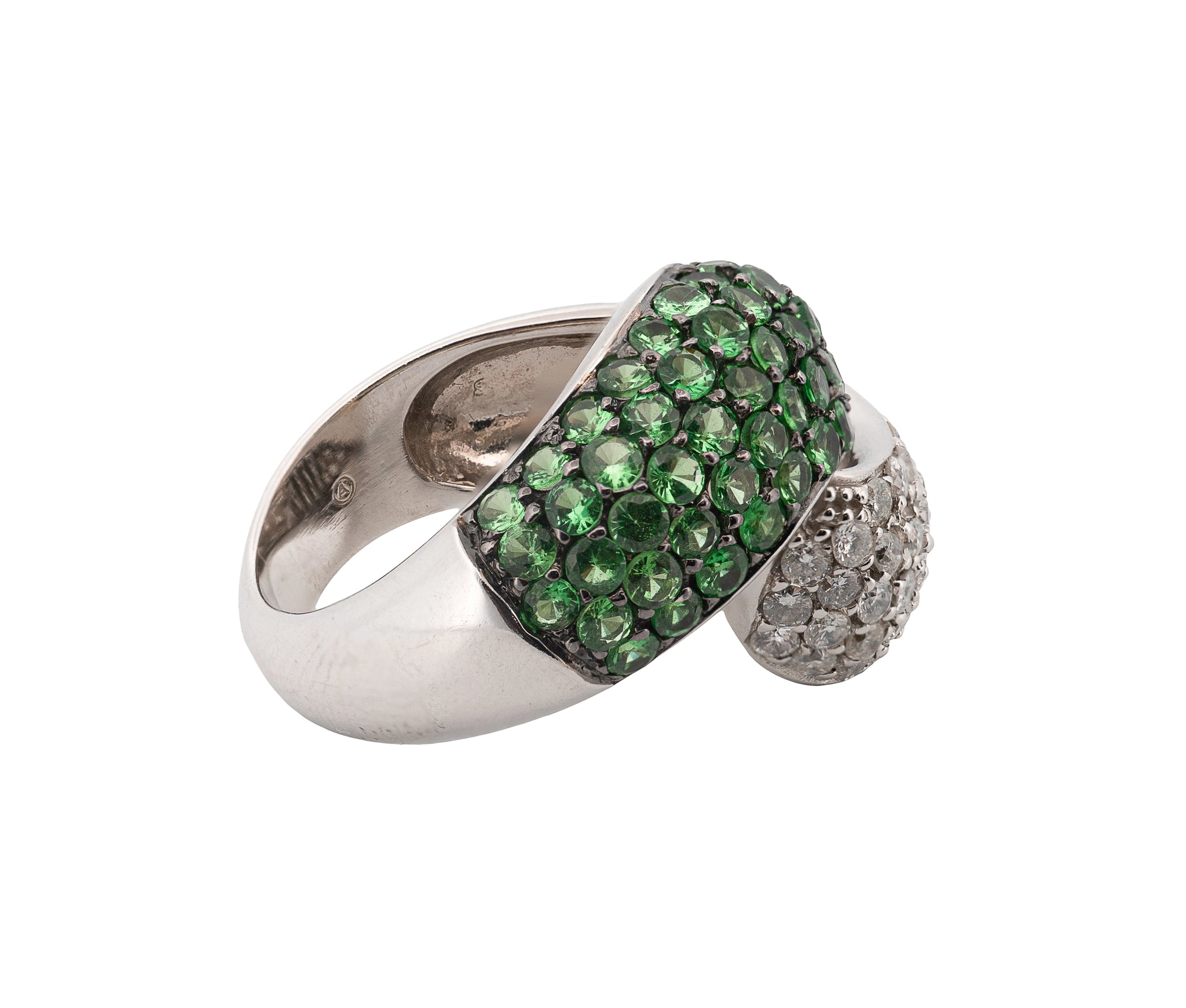 14KT White Gold Diamond & Tsavorite Garnet Pave Love Knot Ring
