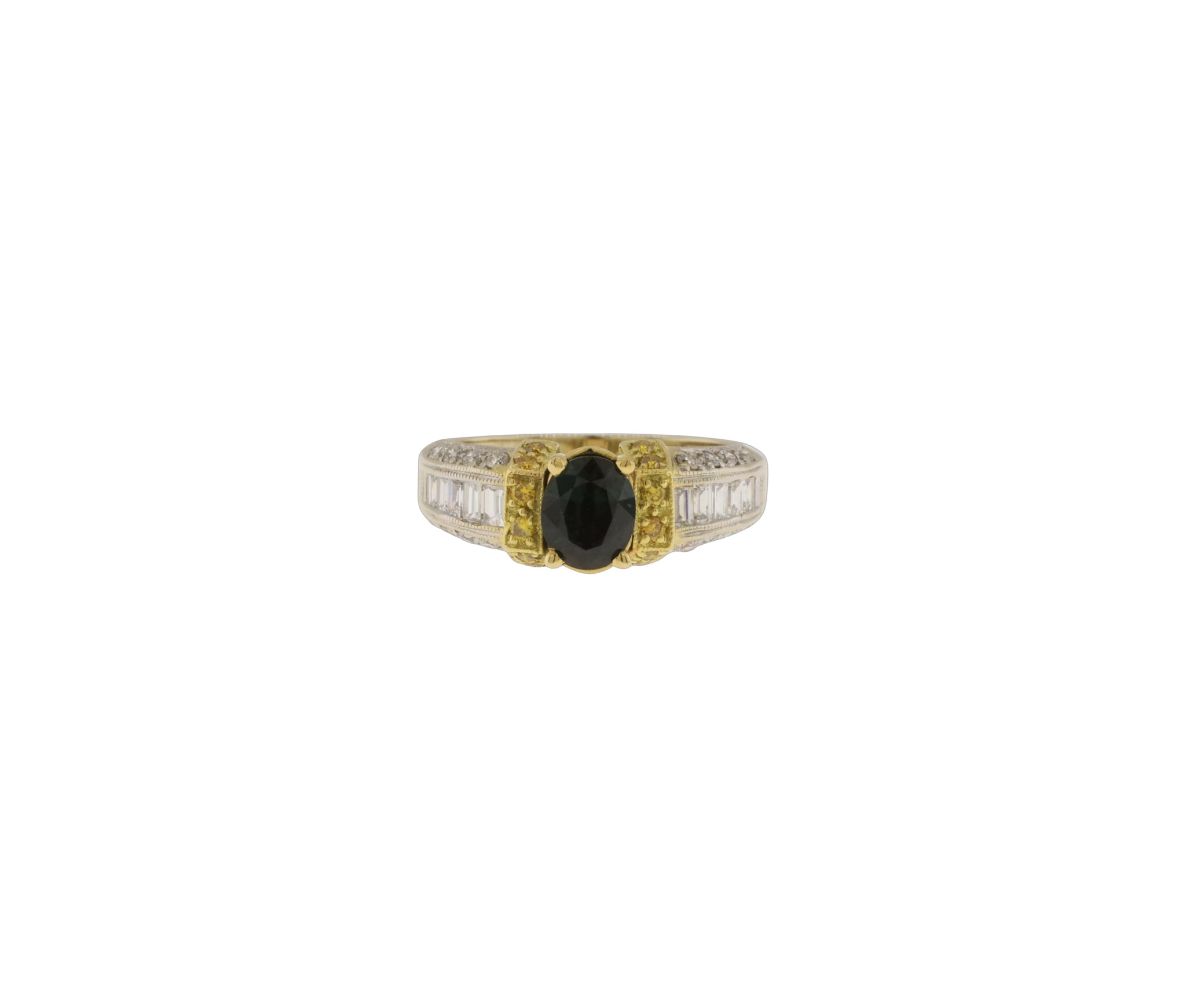 18K White & Yellow Gold Fancy Yellow and White Diamonds & Natural Sapphire Ring
